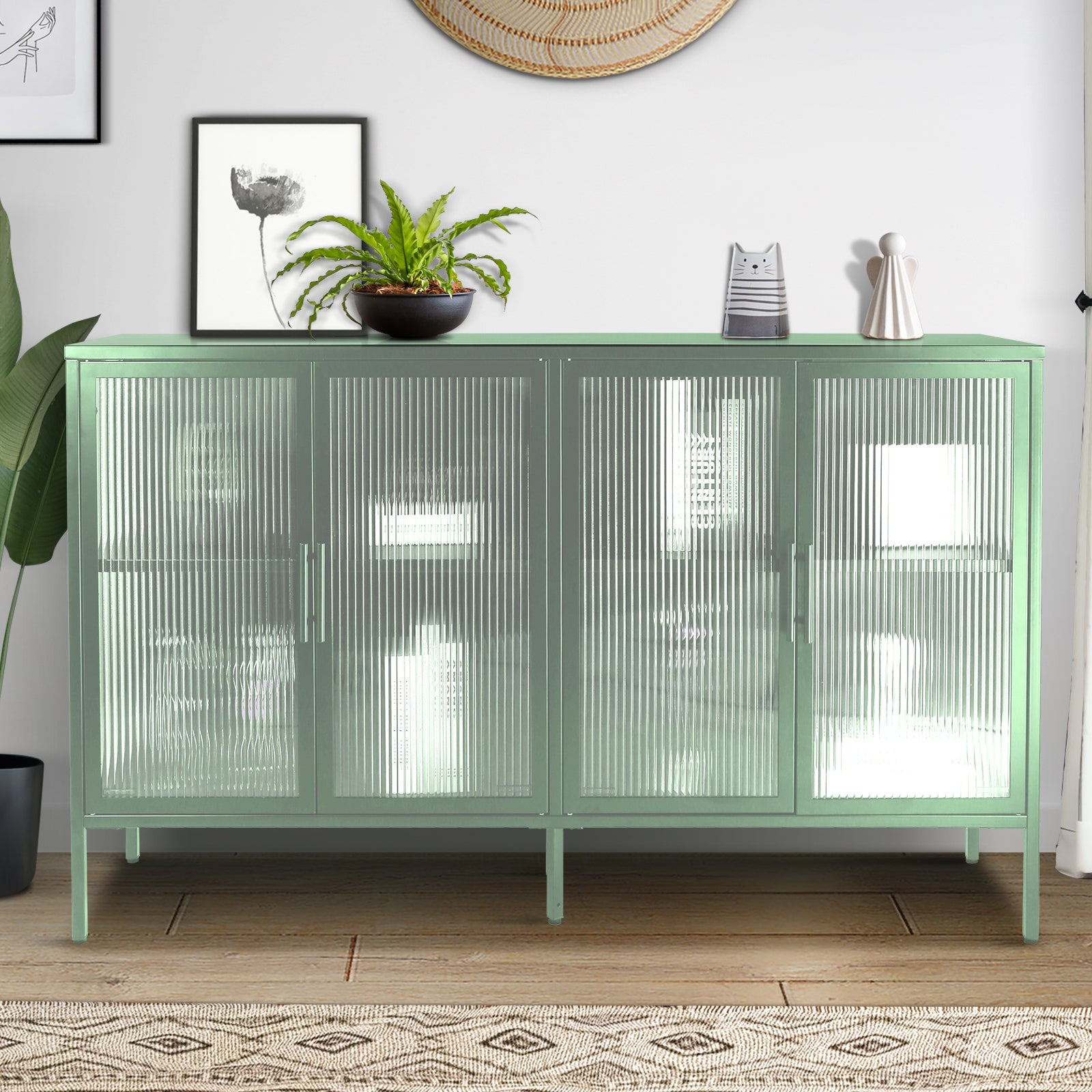 Zane 4-Door Metal Accent Cabinet with Tempered Glass Doors, Light Green