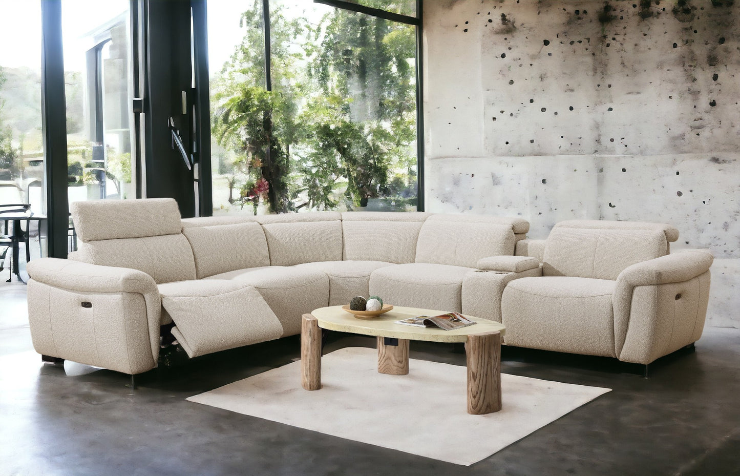 Dayana Beige Boucle Power Recliner Sectional Sofa for 5 People with Cupholder Console & Adjustable Headrest