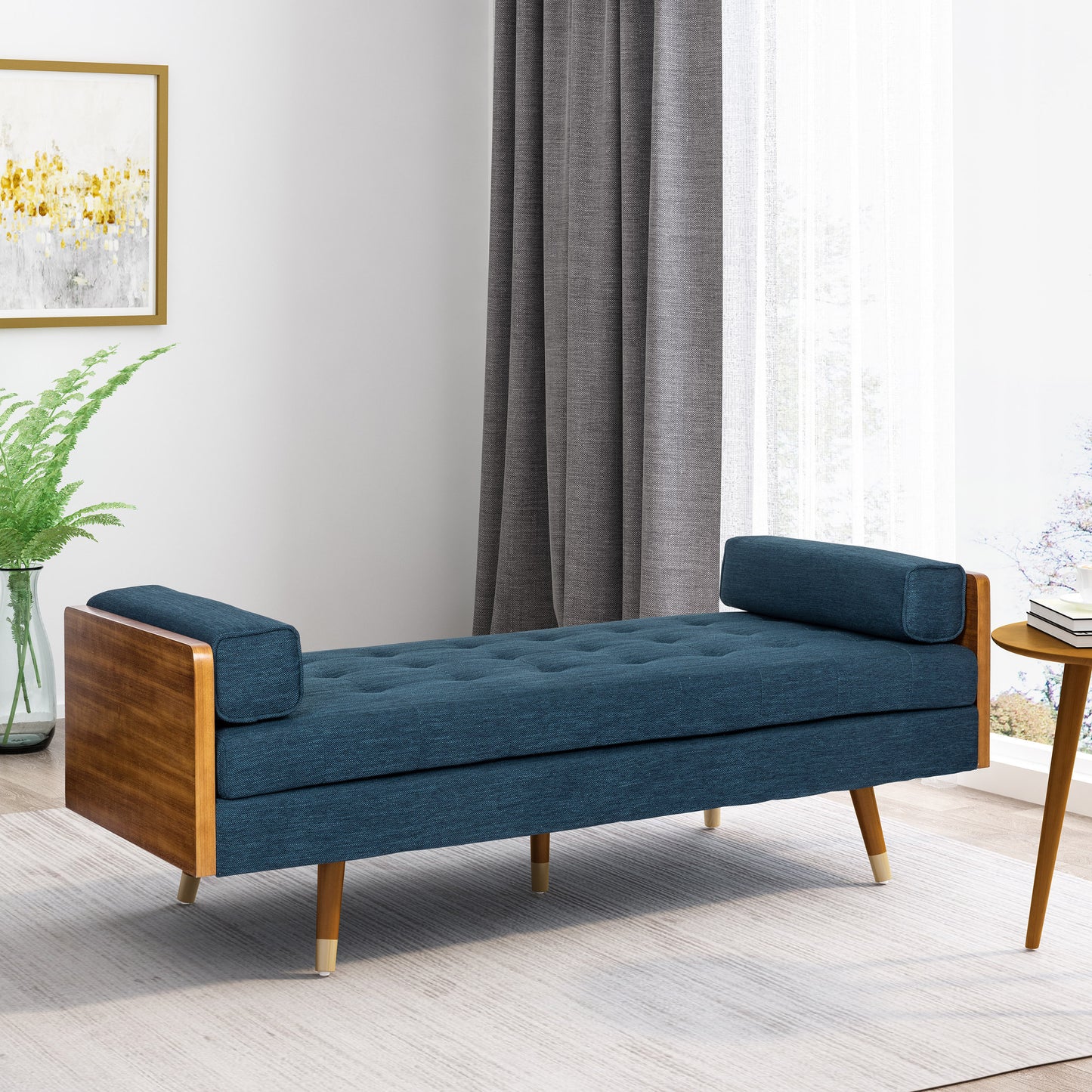 Thelma Mid-Century Modern Chaise Lounge, Navy & Walnut