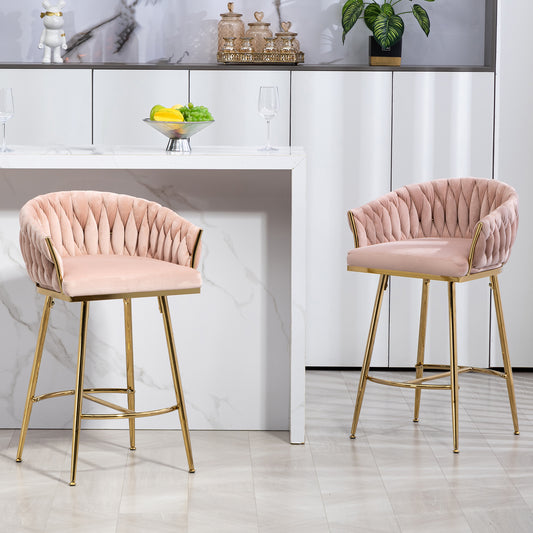 Elegant Velvet 26'' Counter Height Bar Stool with Hand-Wave Back and Golden Chrome Base Set of 2 Pink