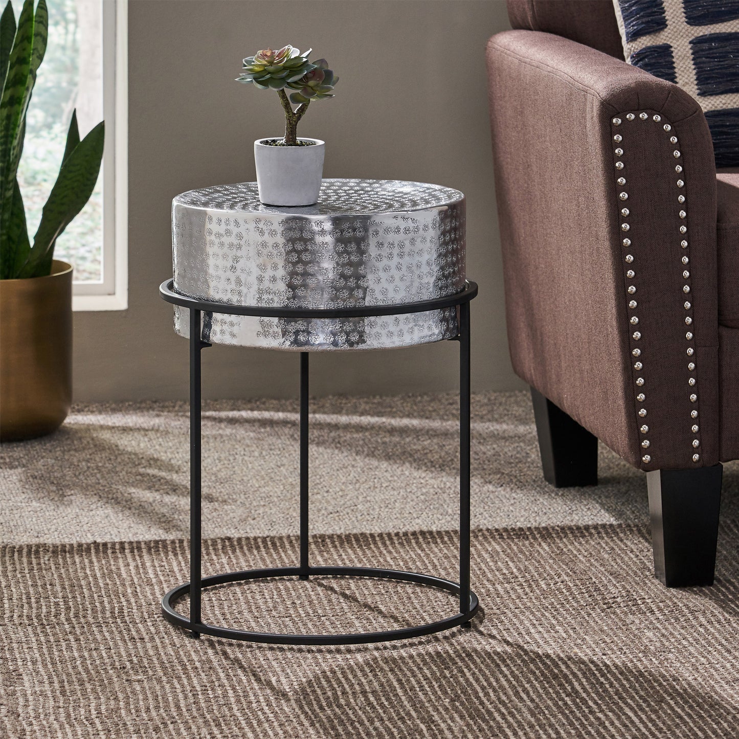 Lennox Modern Hammered Aluminum Side Table, Silver