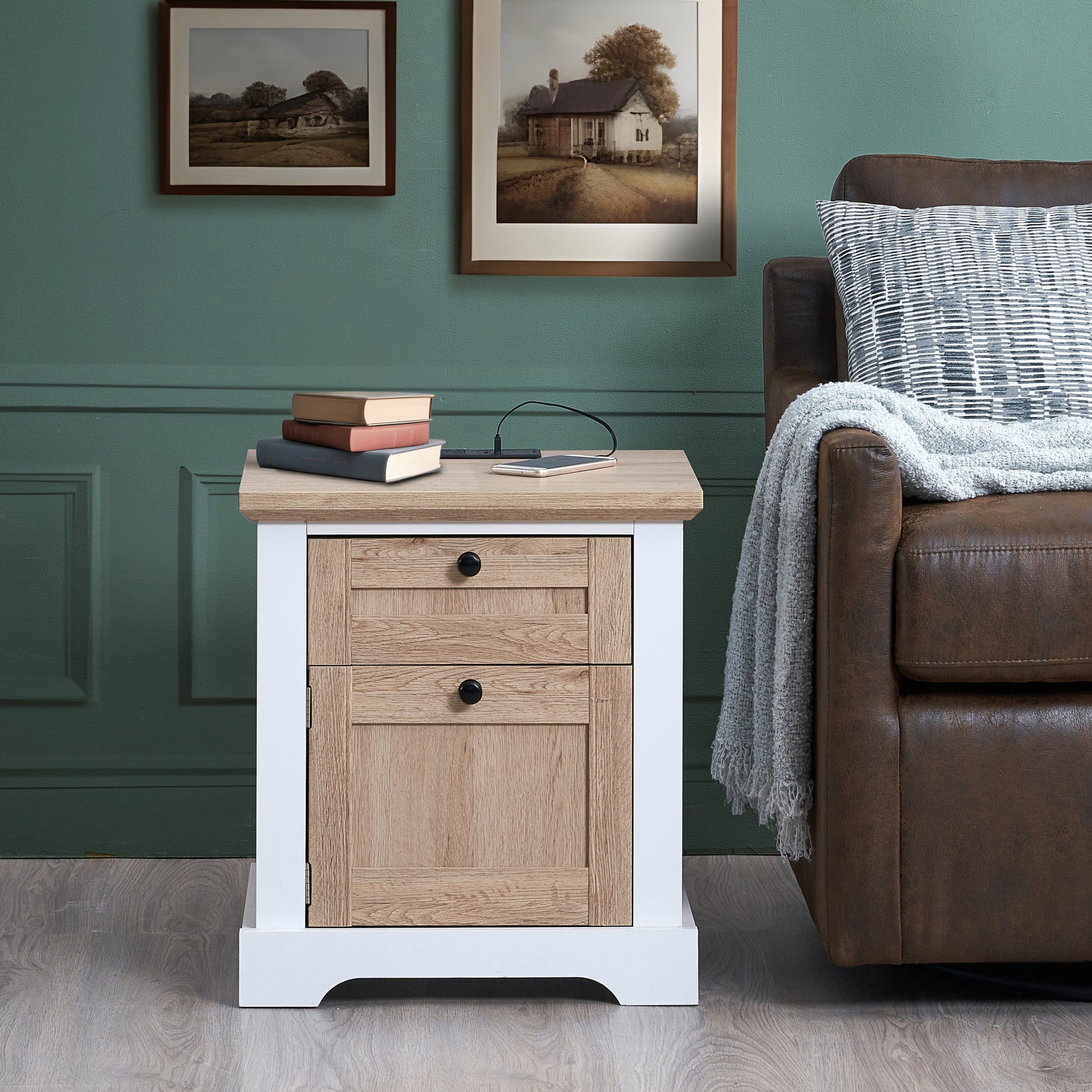 Kinsley Modern Nightstand with Charging, White & Oak