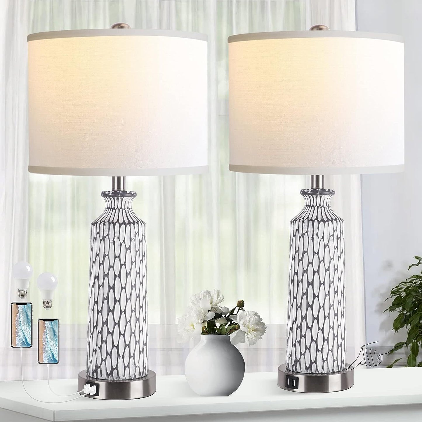 Modern Coastal White Gray Resin Bedside Lamp with 2700K LED Bulb Set of 2