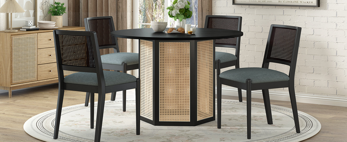 Camden 5-Piece Rattan Round Dining Table Set, Black & Gray