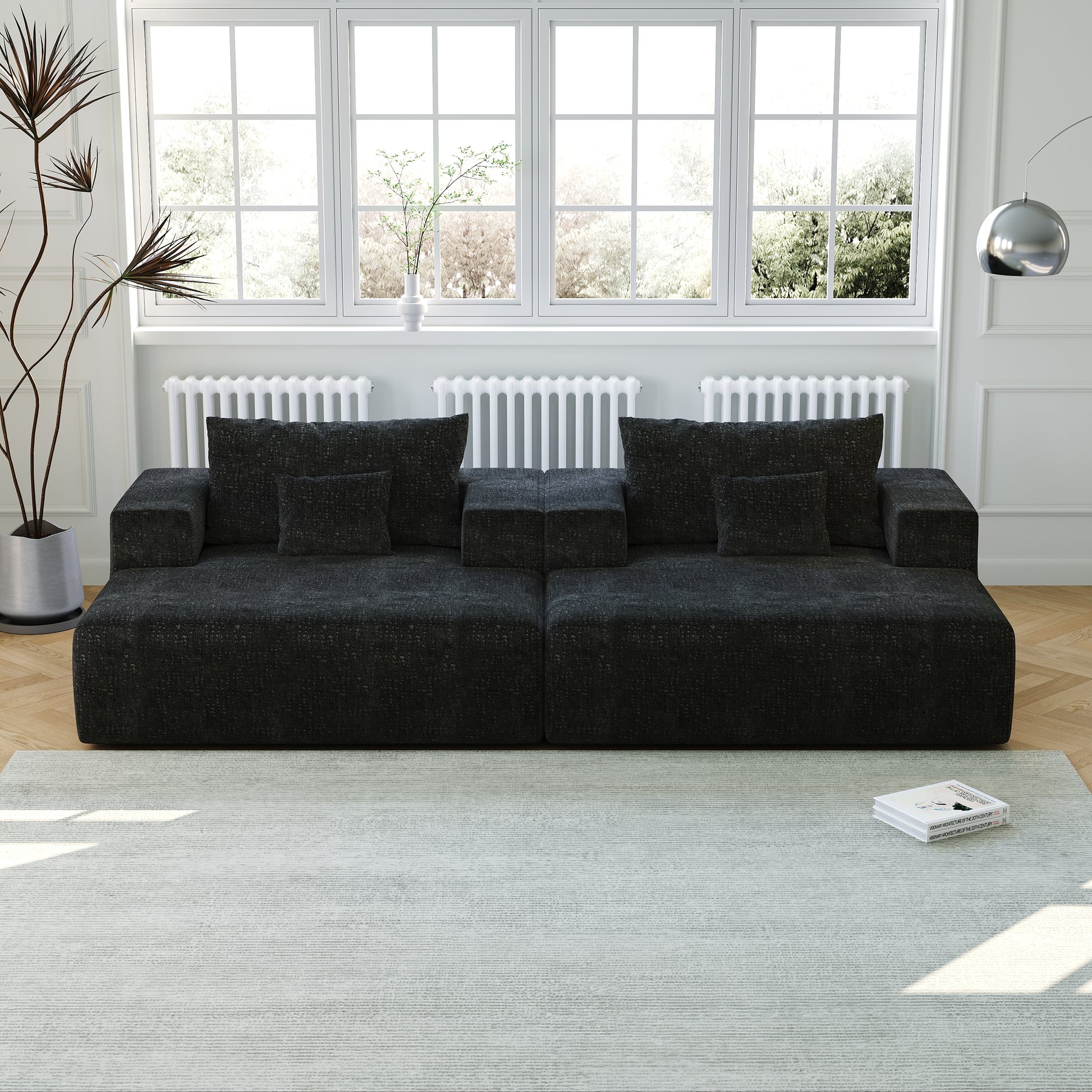 50-inch Chenille Sponge Sofa Lounge Black Fluffy Modern Sleeper Chair