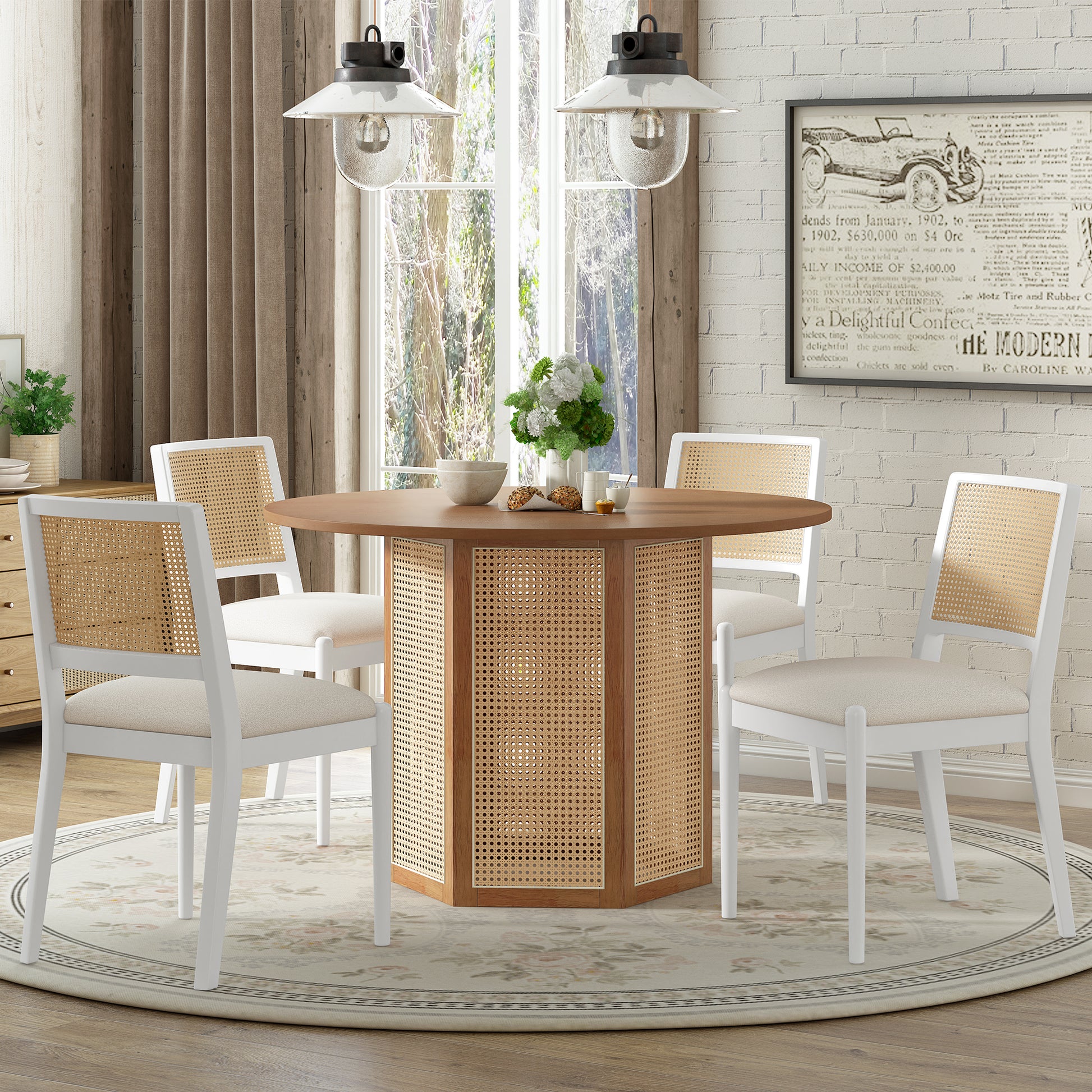 Camden 5-Piece Rattan Round Dining Table Set, White. & Beige