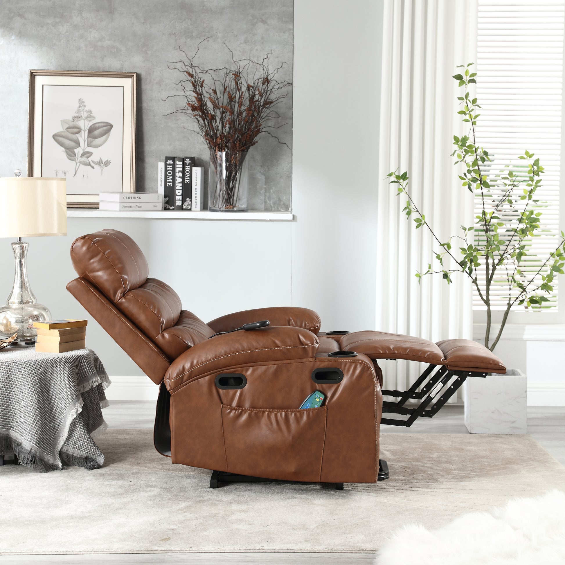 Selini Oversize PU Leather Power Lift Recliner with Massage & Heat, Brown