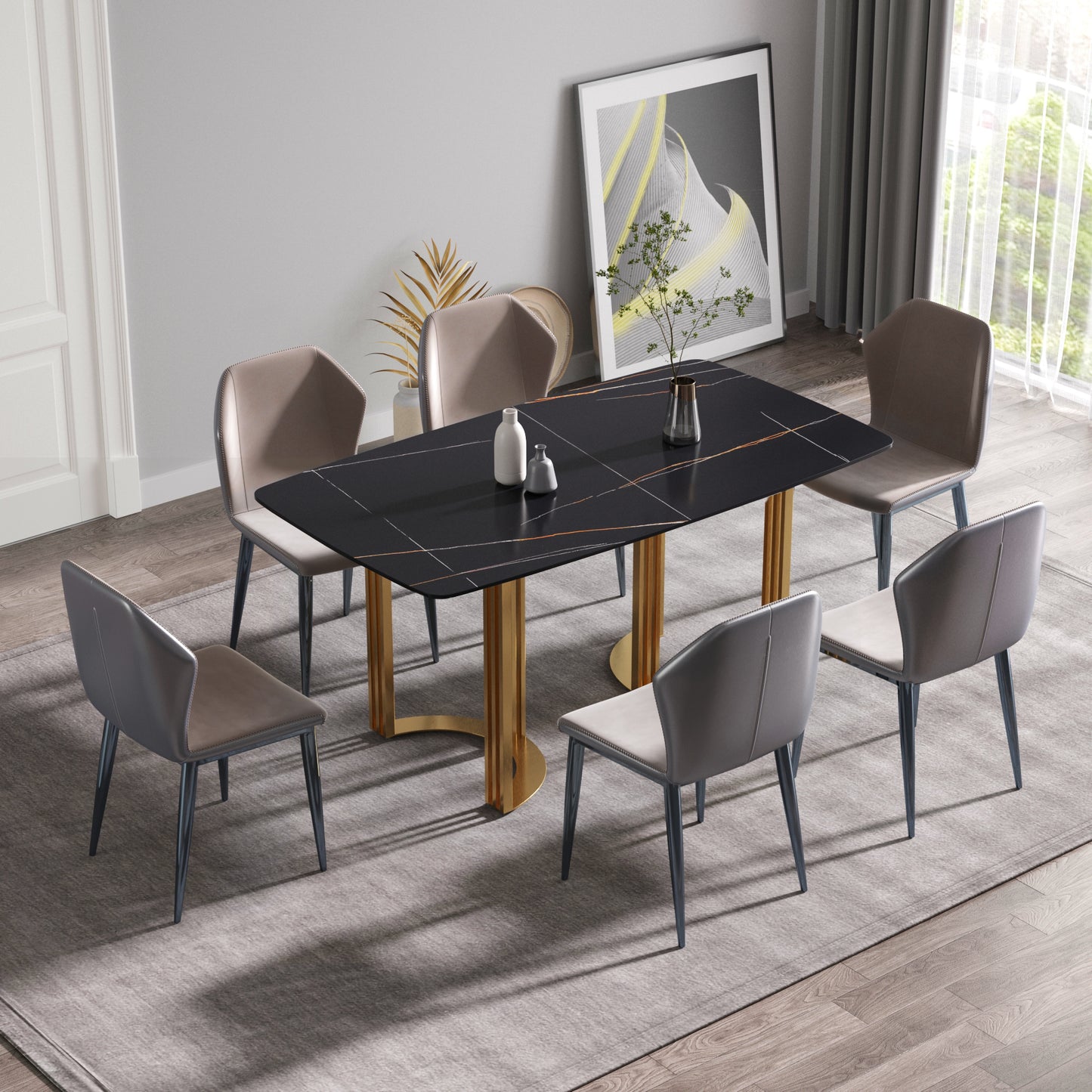 Moto 63" Black Sintered Stone Dining Table with Gold Base