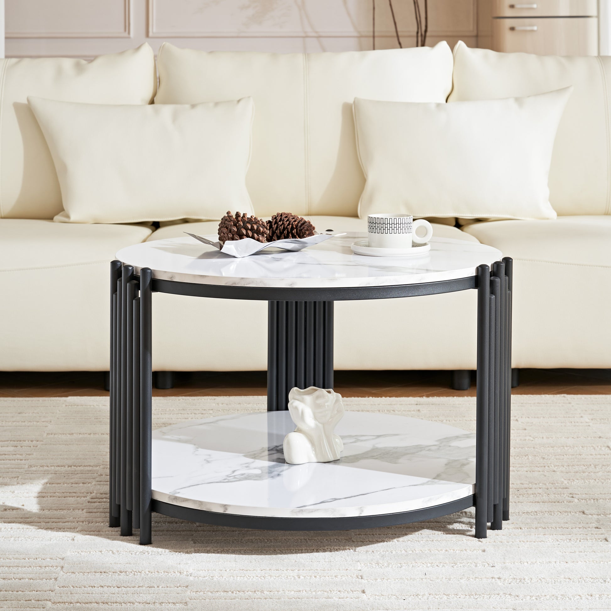 Juno Modern Round Faux Marble Coffee Table, Black & White