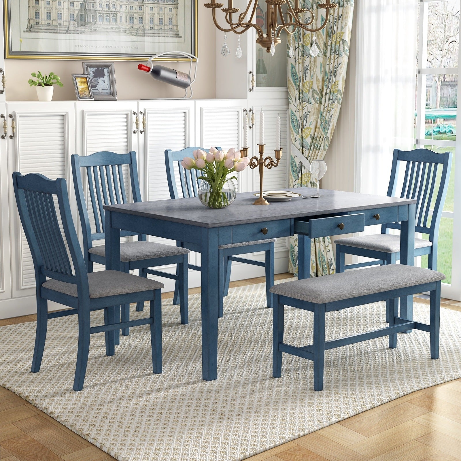 Brooklyn Mid-Century Modern 6-Piece Dining Set, Blue