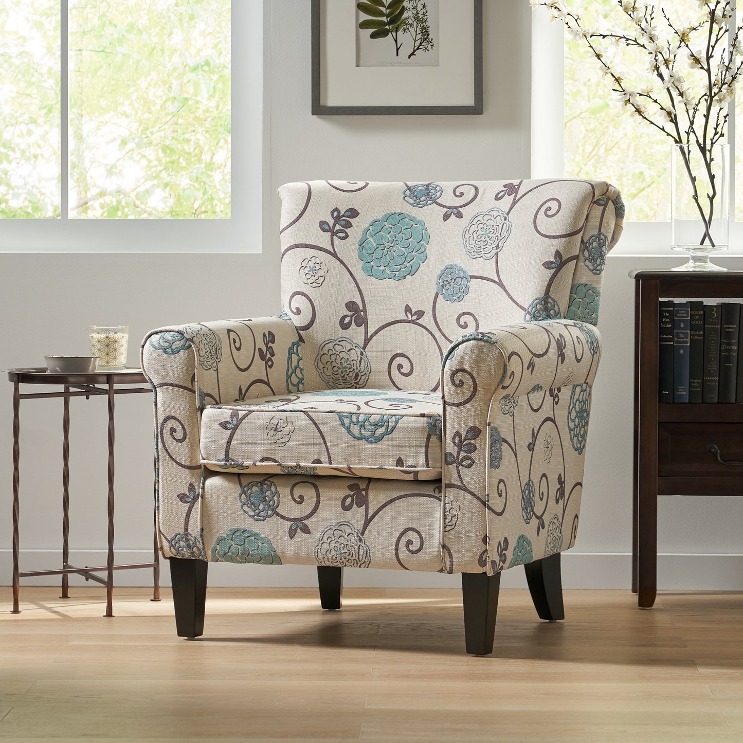 Jasmine Transitional Floral Print Club Chair, White & Blue