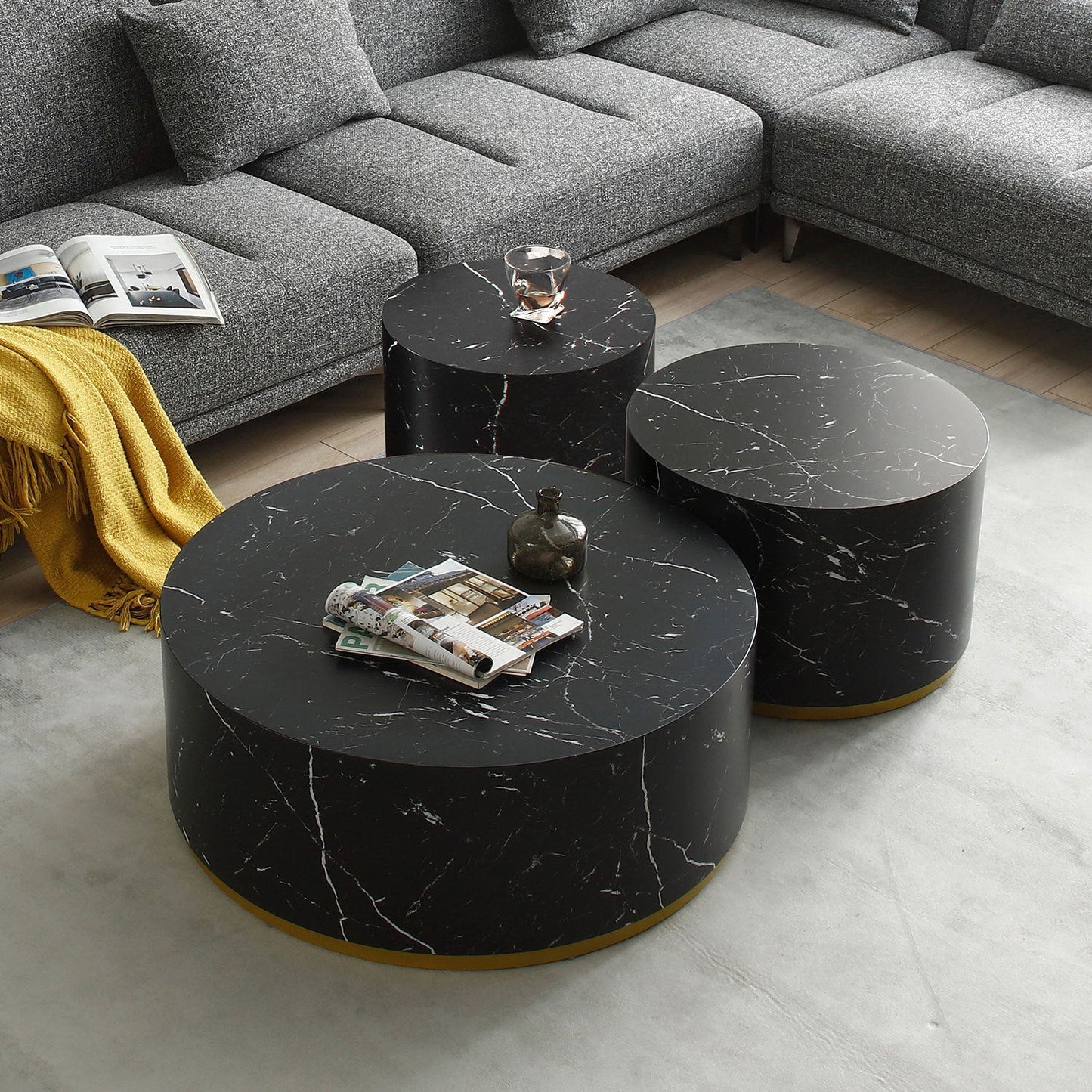 Esme Modern Round Faux Marble Coffee Table with Gold Base, Black