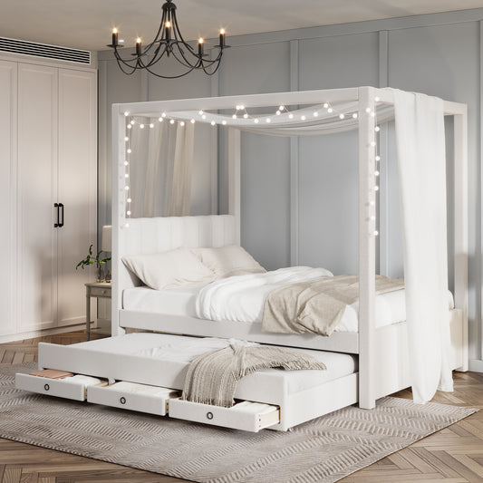 Nami Canopy Platform Bed with Trundle and Three Storage Drawers, Beige