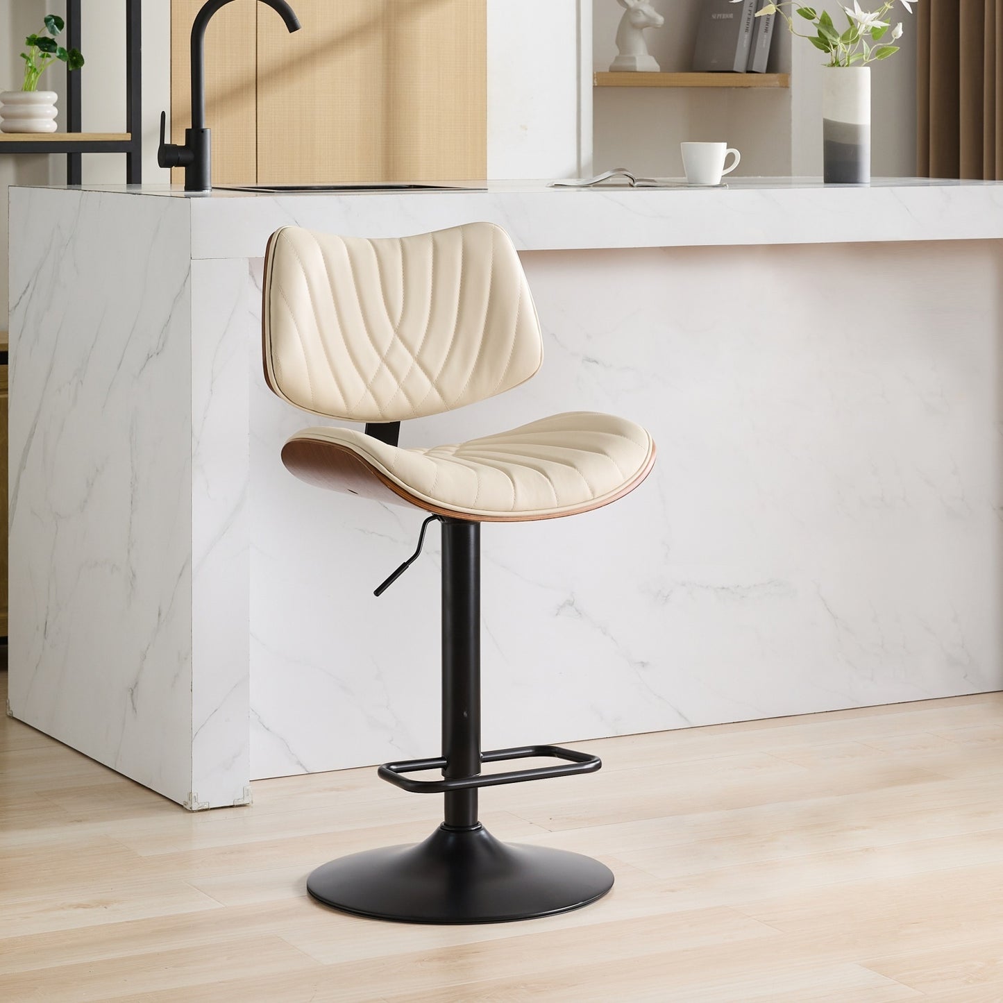 Stylish Versatility Walnut Bentwood Adjustable Bar Stools with Beige Faux Leather Upholstery