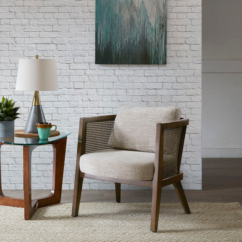 Irene Mid-Century Modern Accent Chair with Rattan Arms, Camel & Walnut