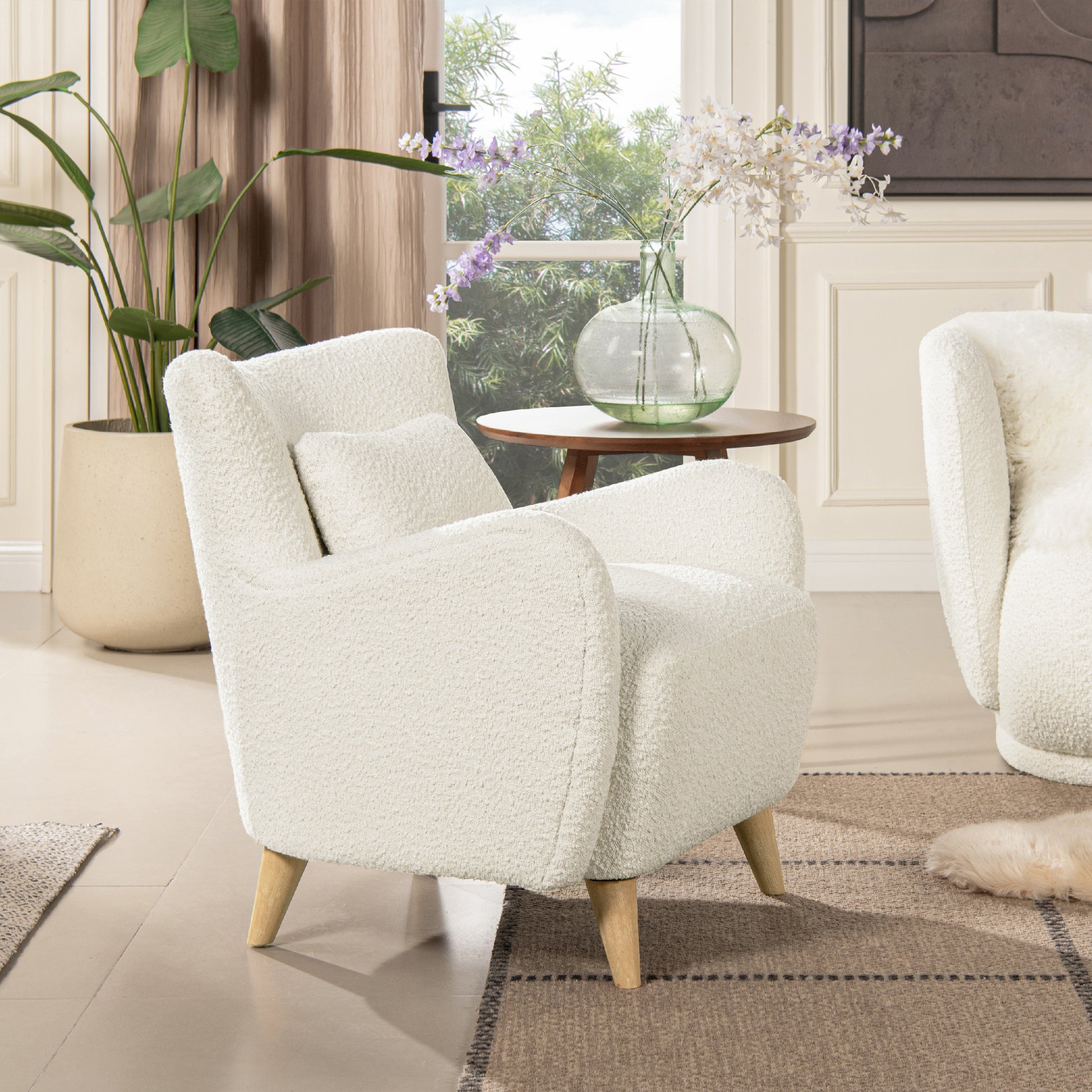 Lune 30' Curved Arm Accent Chair with Lumbar Pillow, Ivory White Boucle