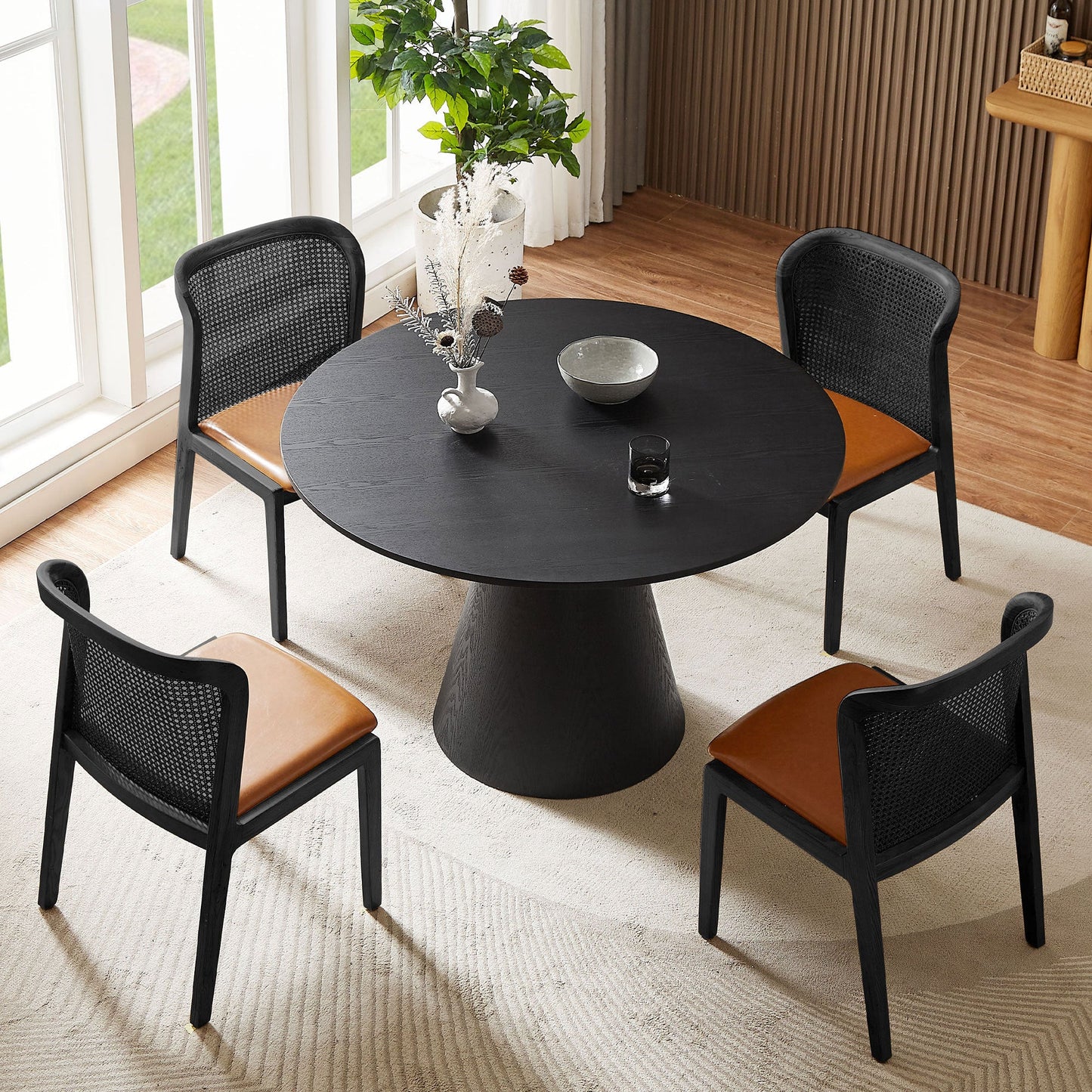 Bernard 47" Mid-Century Modern Round Dining Table, Black