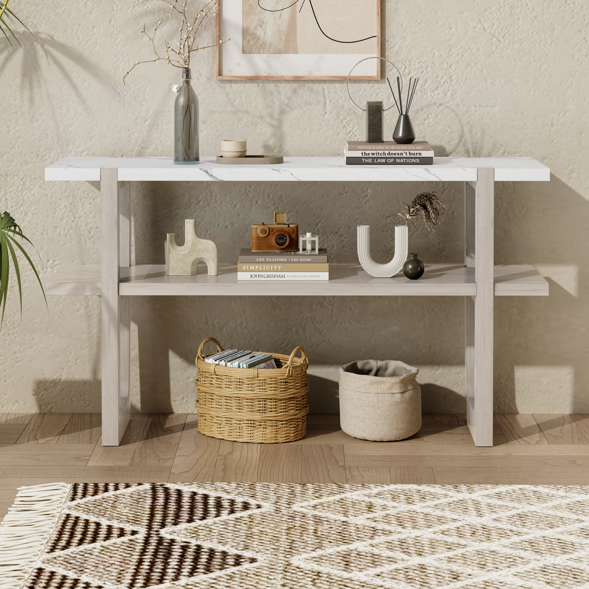 Idalia Elegant Console Table with Faux Marble Top, Gray Wash