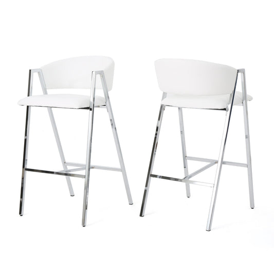 Misha Modern White PU Leather & Silver Bar Stools Set of 2