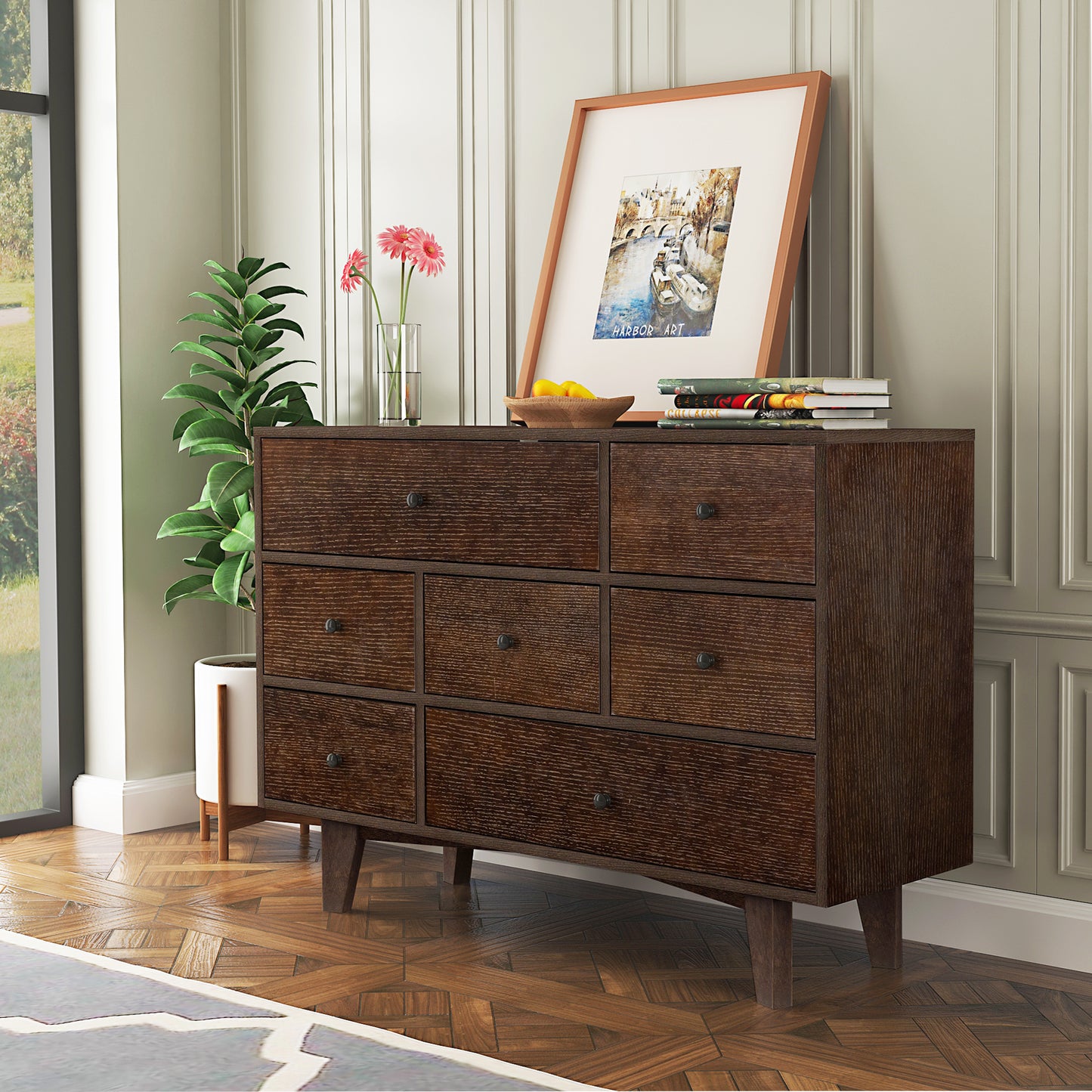 Alina Retro Rustic 7-Drawer Cabinet with Solid Wood Legs, Auburn