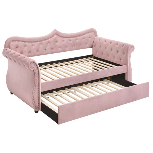 Sharron Pink Velvet Twin Size Glam Daybed with Trundle