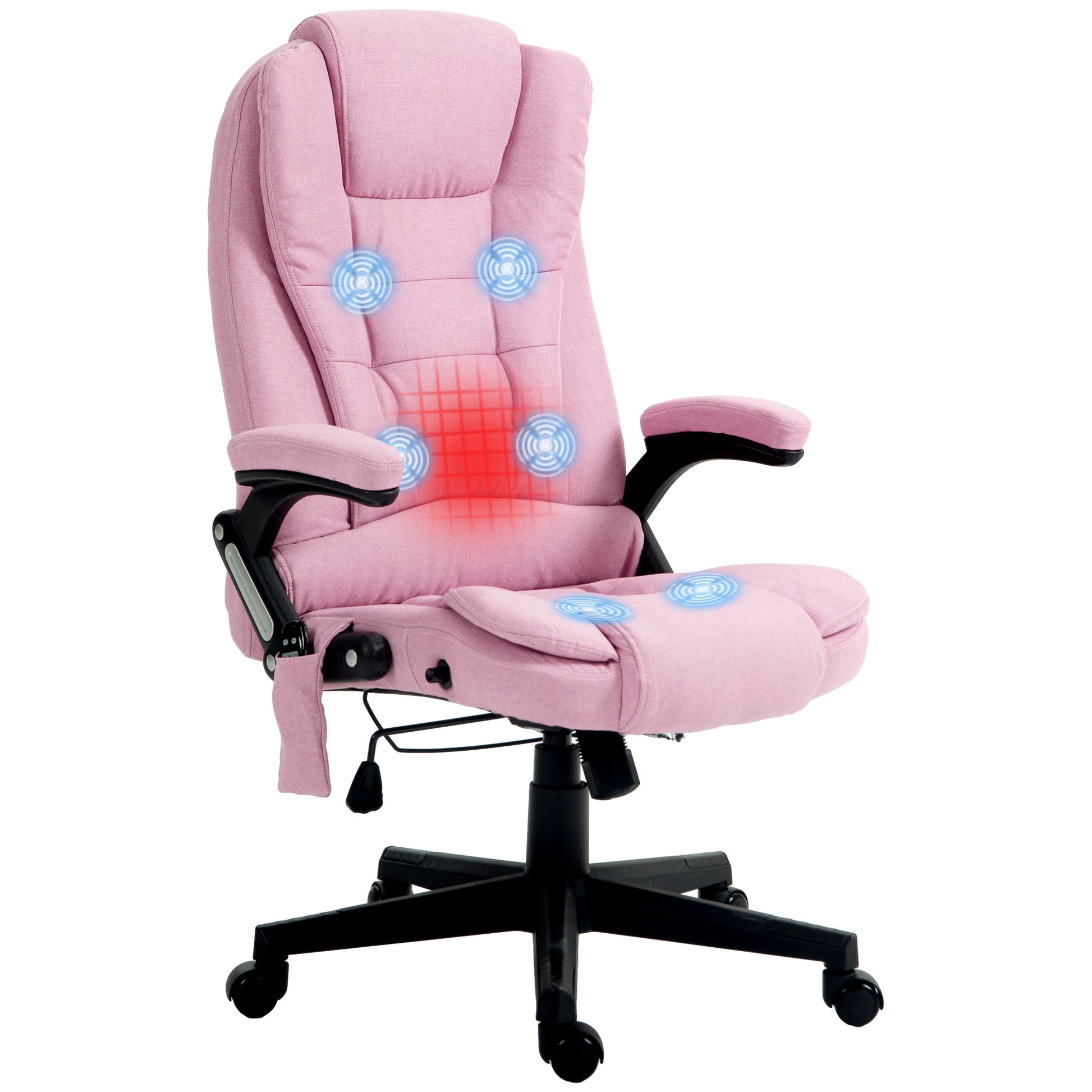 HOMCOM 6 Point Vibrating Massage Office Chair with Heat, Linen High Back Executive Office Chair with Reclining Backrest, Padded Armrests and Remote, Pink