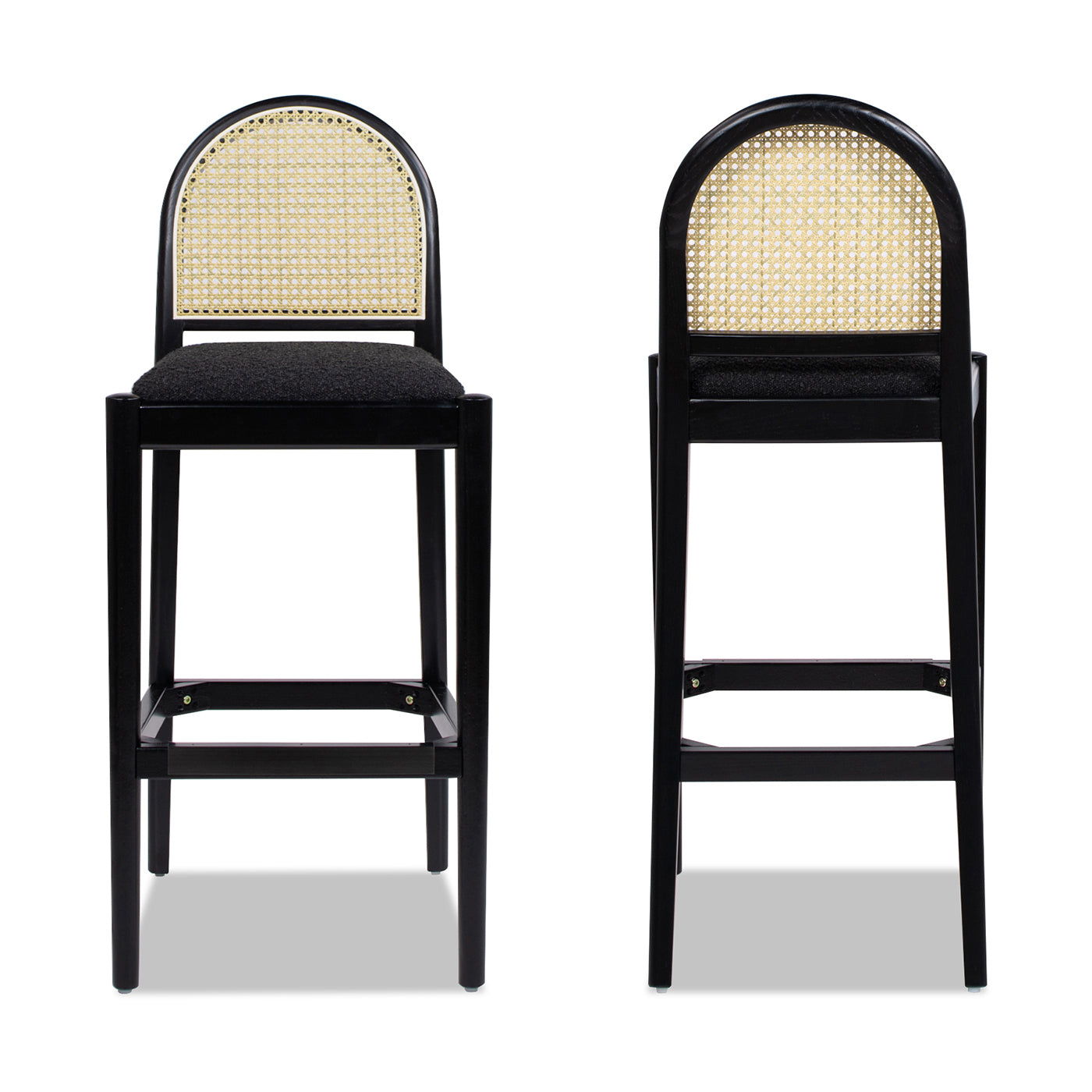 Briseis 30.5' Curved Back Cane Rattan Bar Stool, Set of 2, Ebony Black Boucle