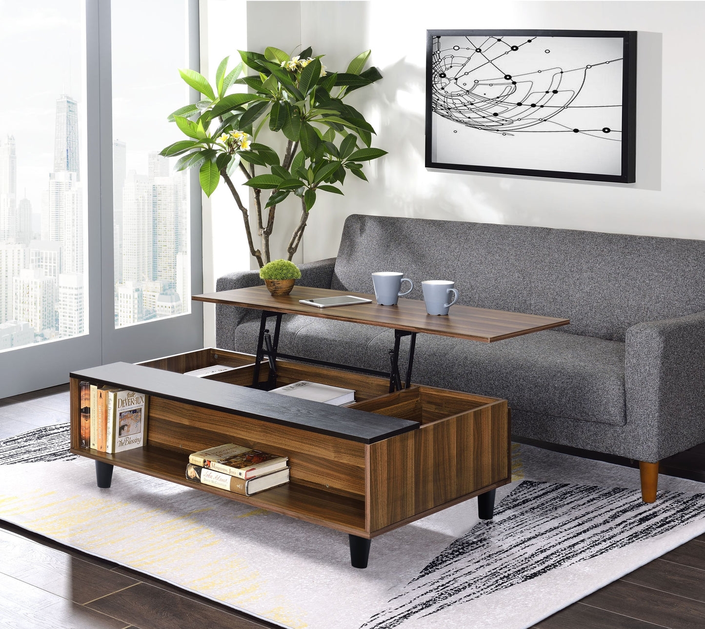 Avala Walnut & Black Finish Coffee Table w/Lift Top