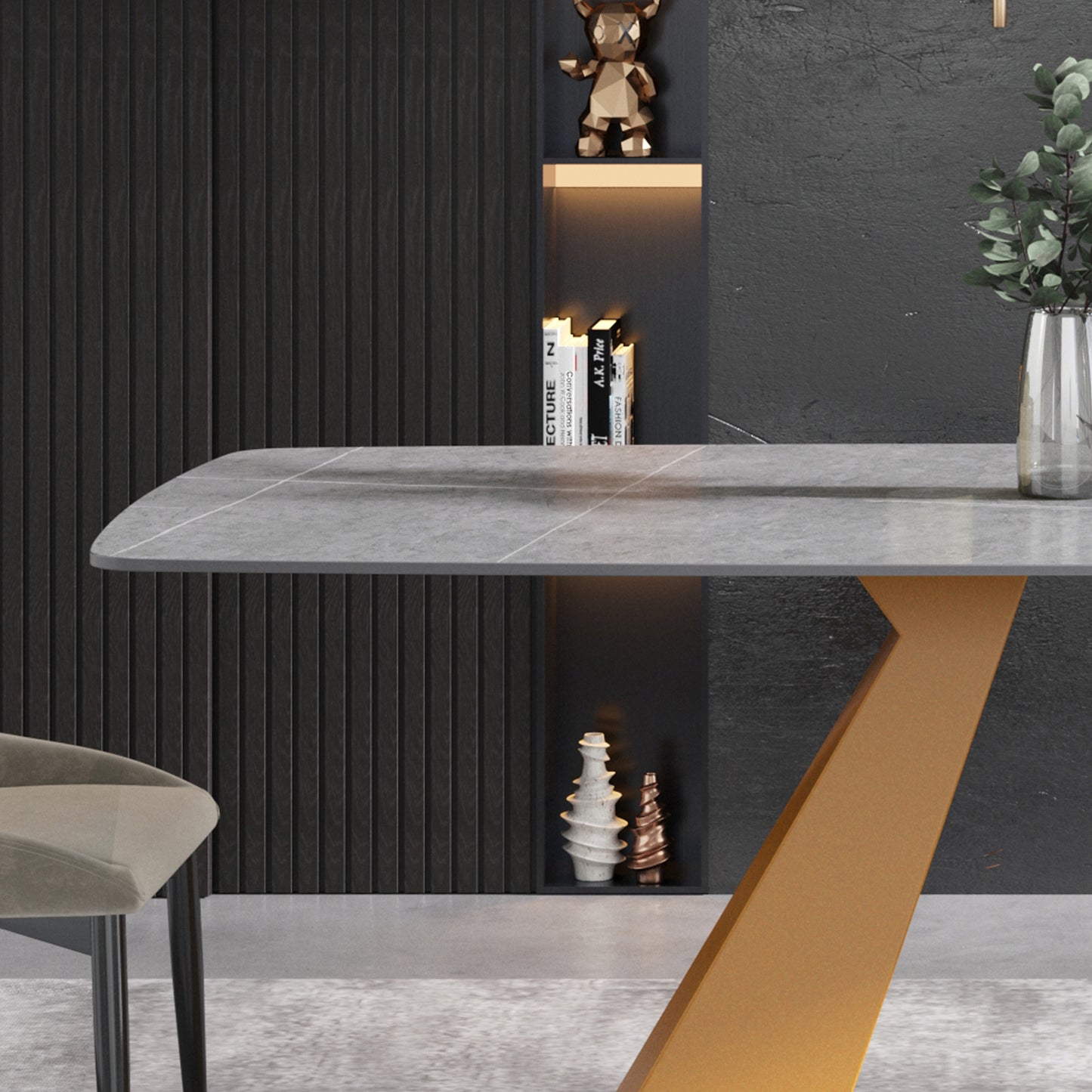 Rivers 71" Modern Gray Sintered Stone Dining Table with Gold Base