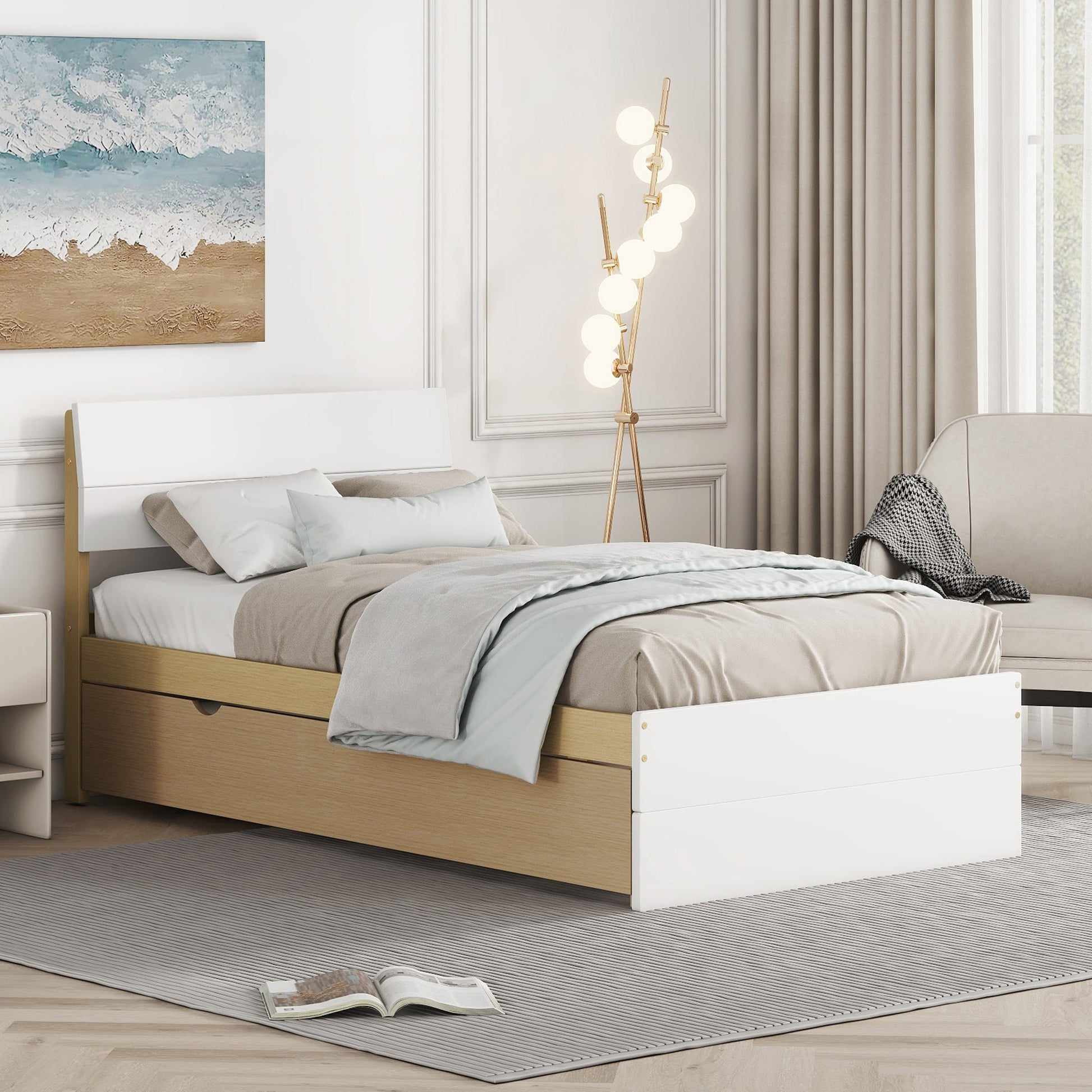 Juniper Modern Twin Bed Frame For White High Gloss Headboard and Footboard With Light Oak Trundle