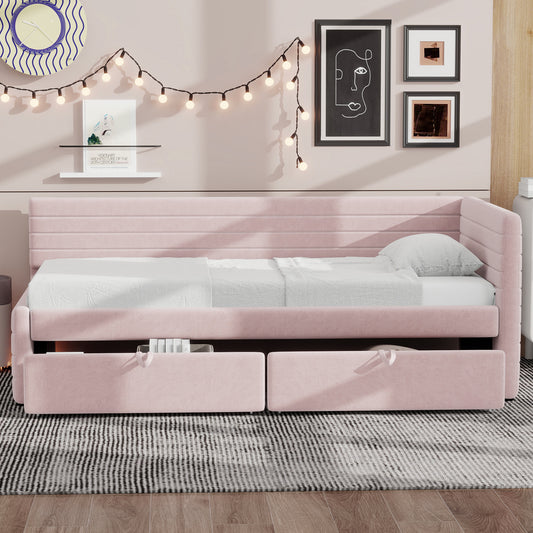 Aya Twin Size Upholstered Daybed with 2 Drawers, Pink