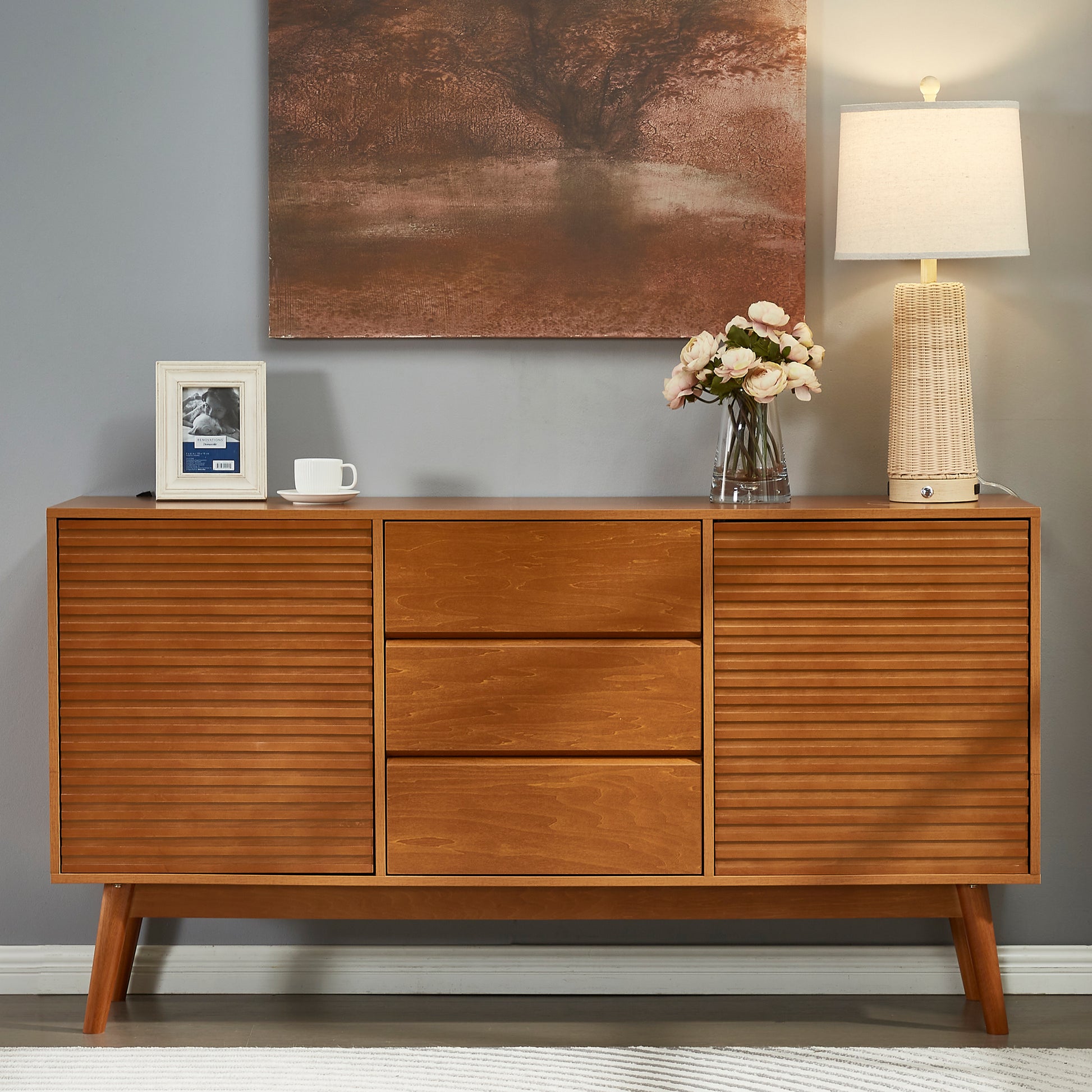 Wren Mid-Century Modern Cabinet with Angled Legs, Honey