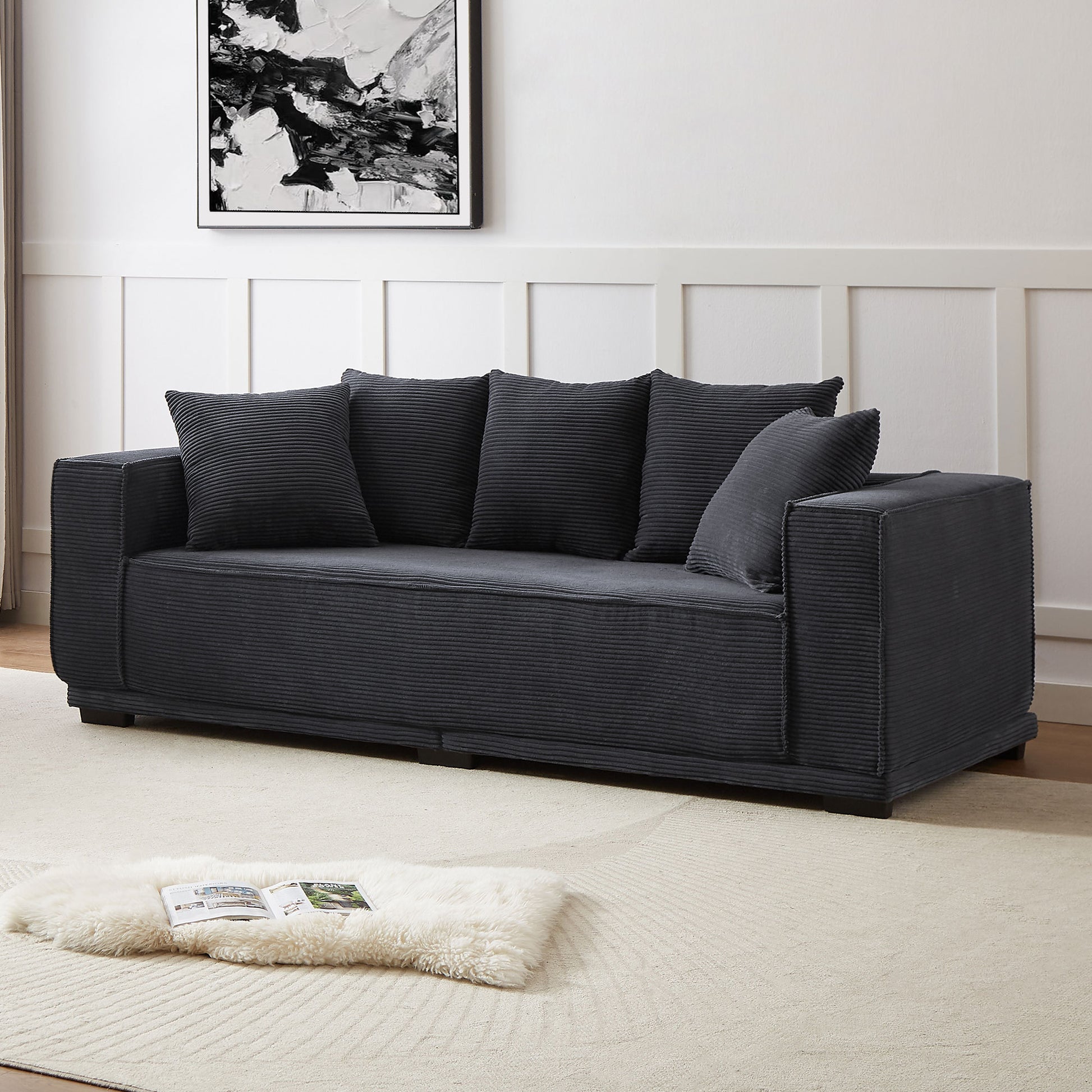 Magnus 88.97inch Corduroy Sofa with 5 Matching Toss Pillows, Black