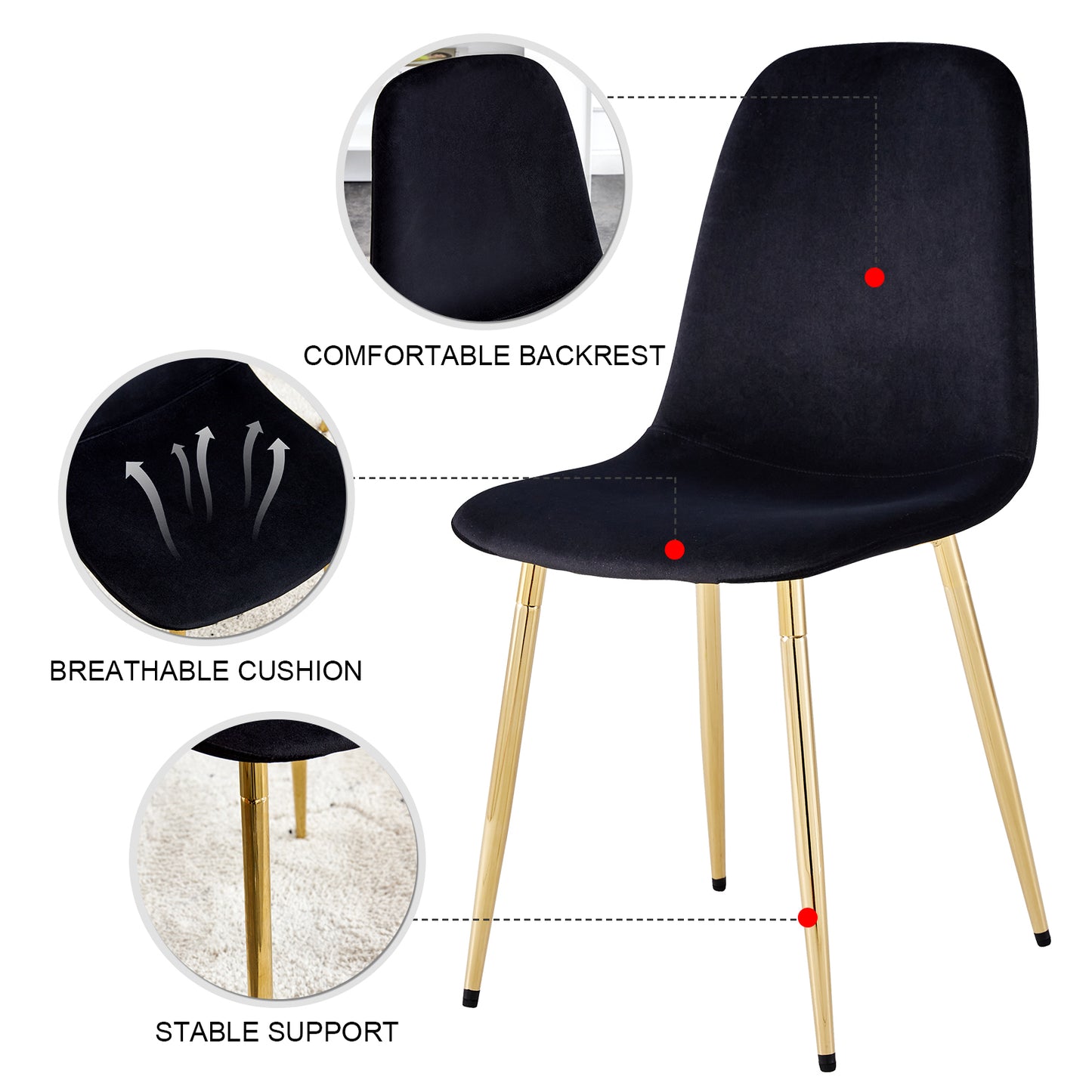 Amelia Modern Dining Side Chairs in Black Velvet & Gold Set of 4