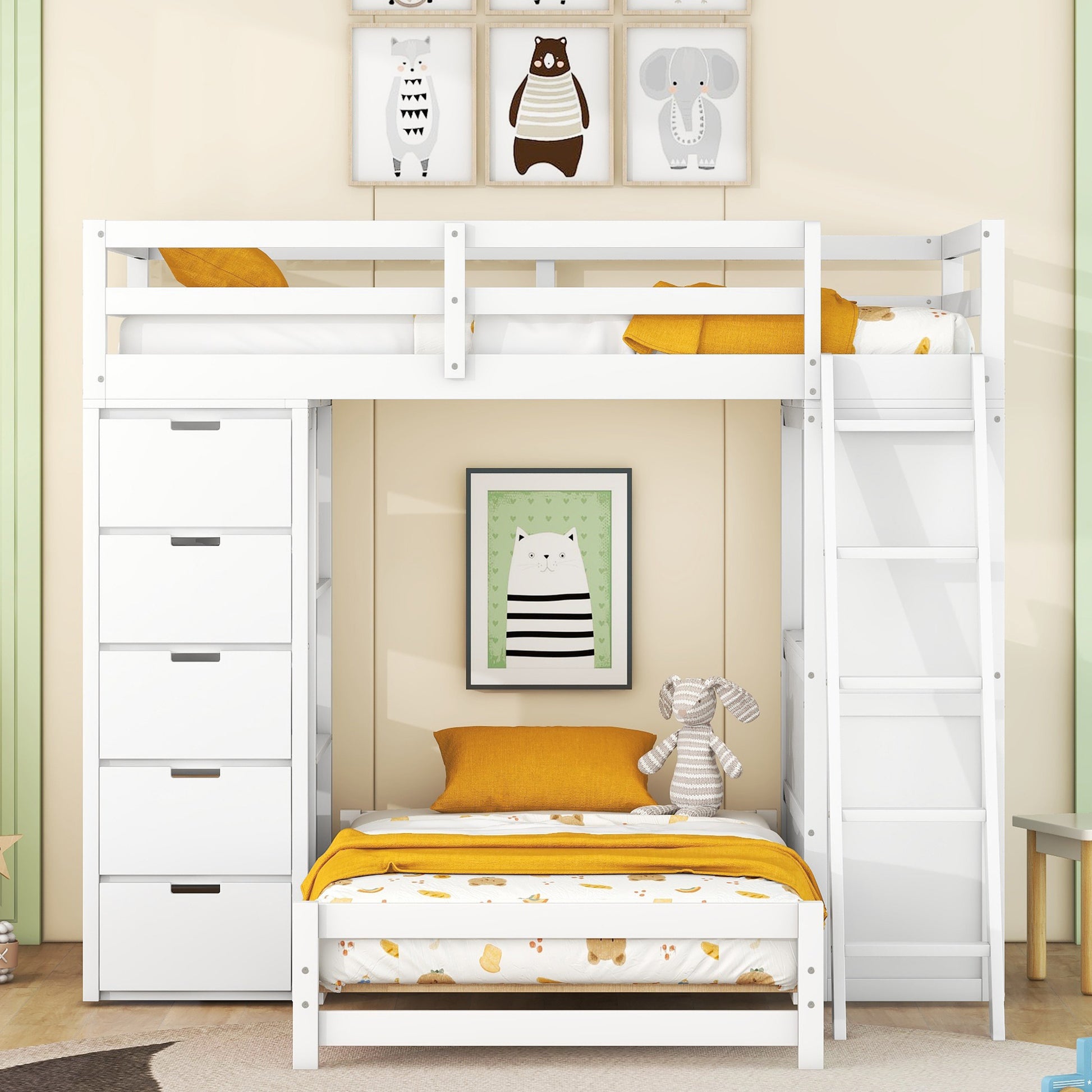 Ward Twin over Twin Bunk Bed with LED Light and USB Ports, White