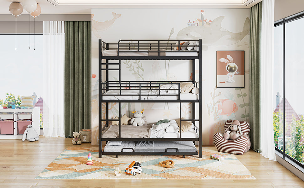 Emily Metal Twin Size Triple Bunk Bed With Trundle, Black