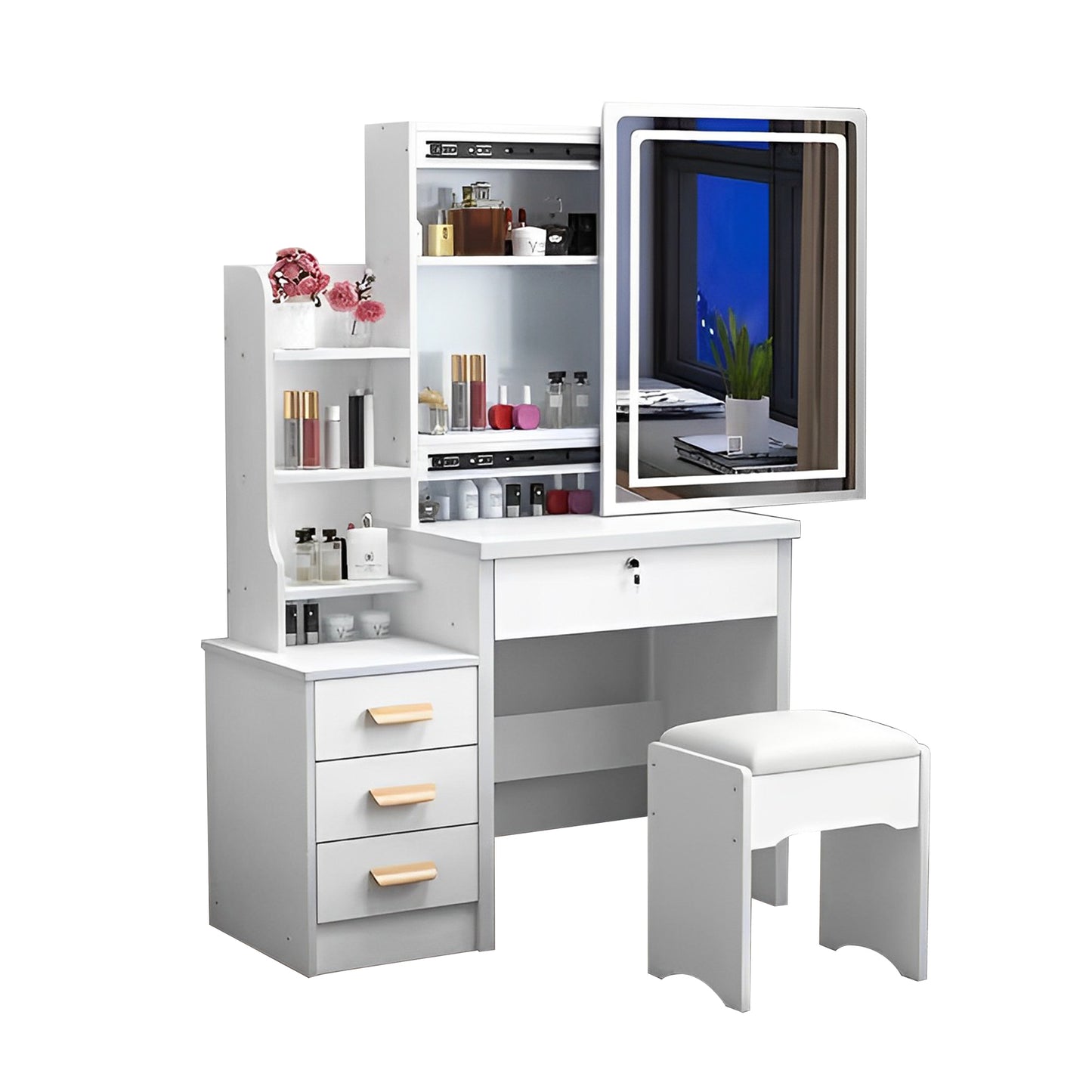 Cyan Vanity Desk with Sliding LED Mirror