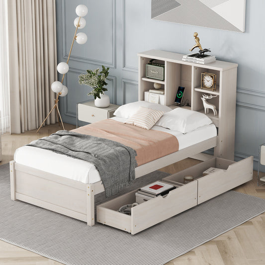 Calies Twin Platform Bed with Bookcase Headboard & Storage Drawers 3 Colors