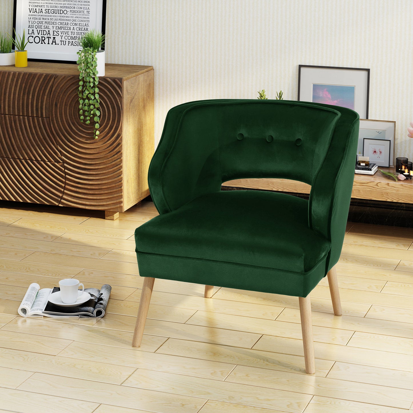 Wren Mid-Century Modern Emerald Green Velvet Tufted Accent Chair