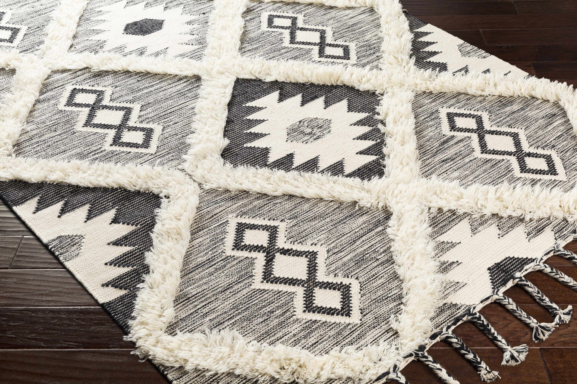 Jarales Cream/Black Tribal Tassel Wool Rug - Clearance