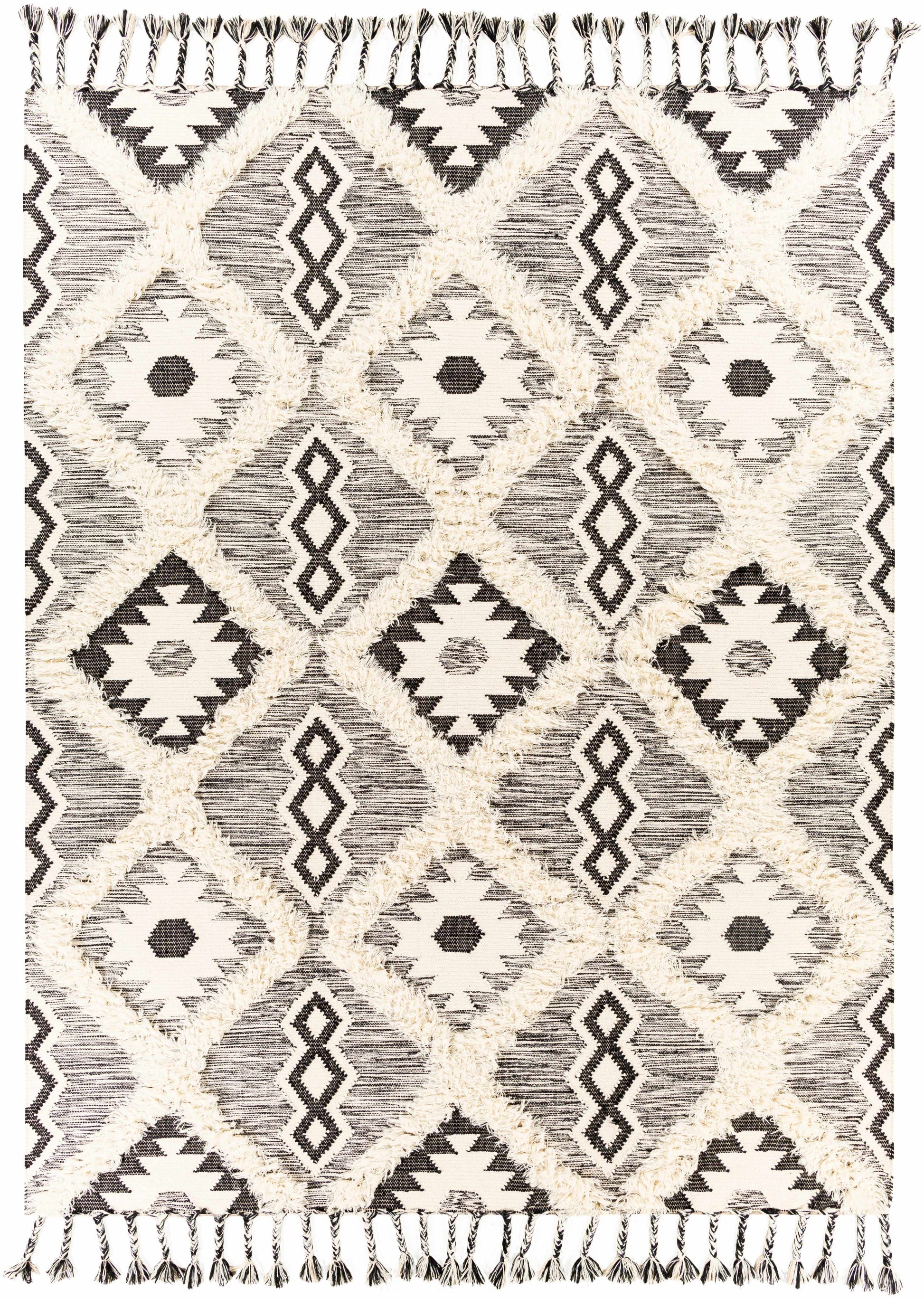 Jarales Cream/Black Tribal Tassel Wool Rug - Clearance