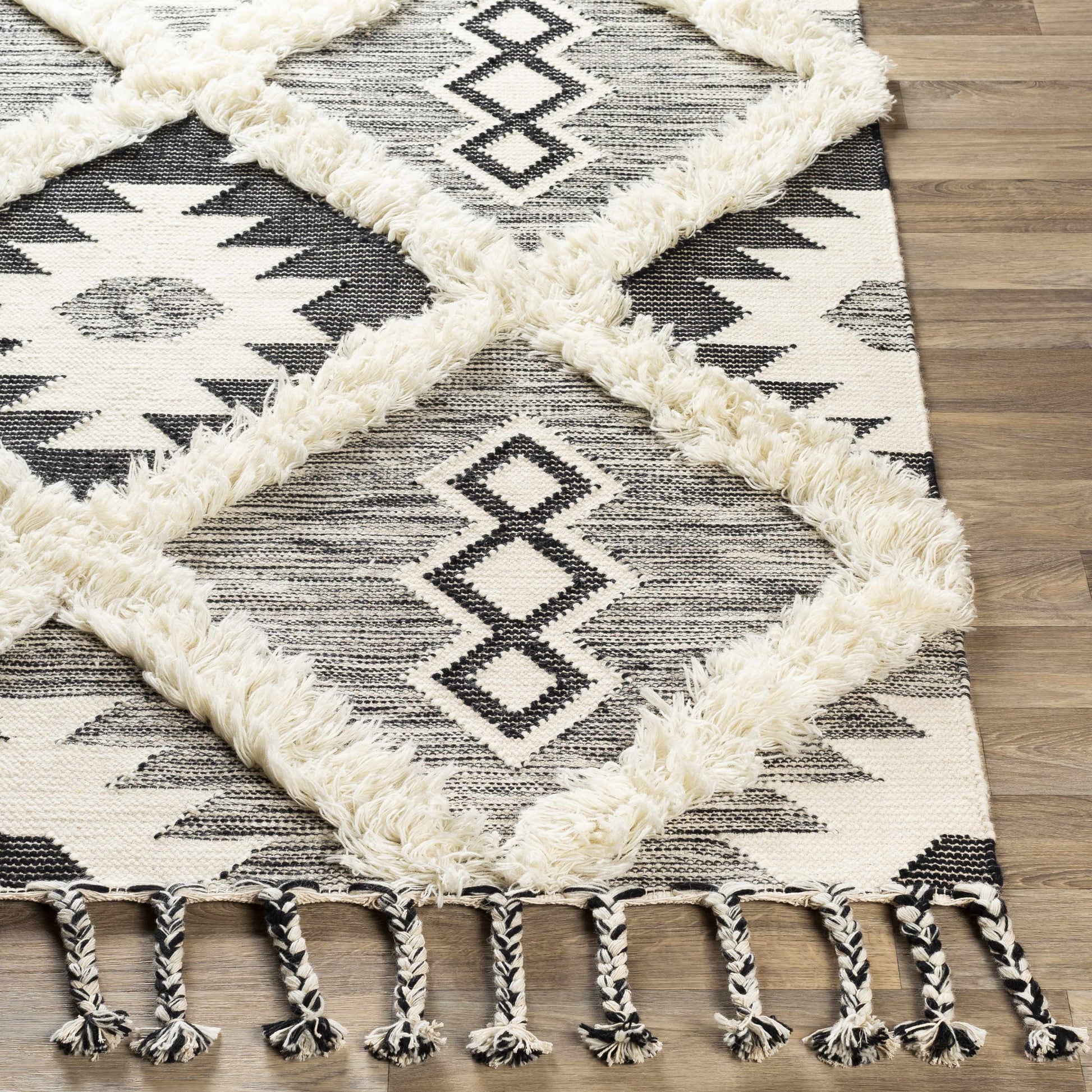 Jarales Cream/Black Tribal Tassel Wool Rug - Clearance