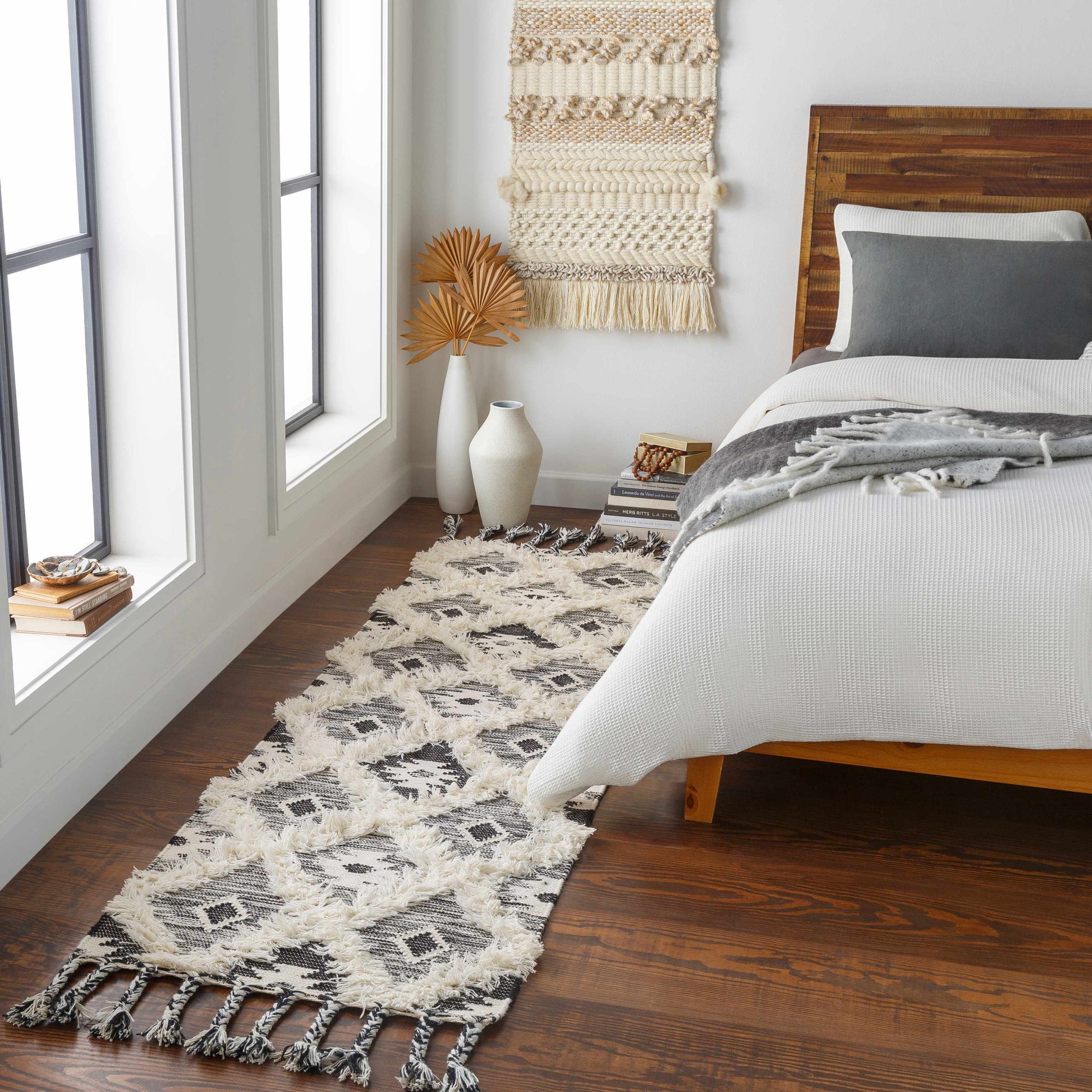 Jarales Cream/Black Tribal Tassel Wool Rug - Clearance