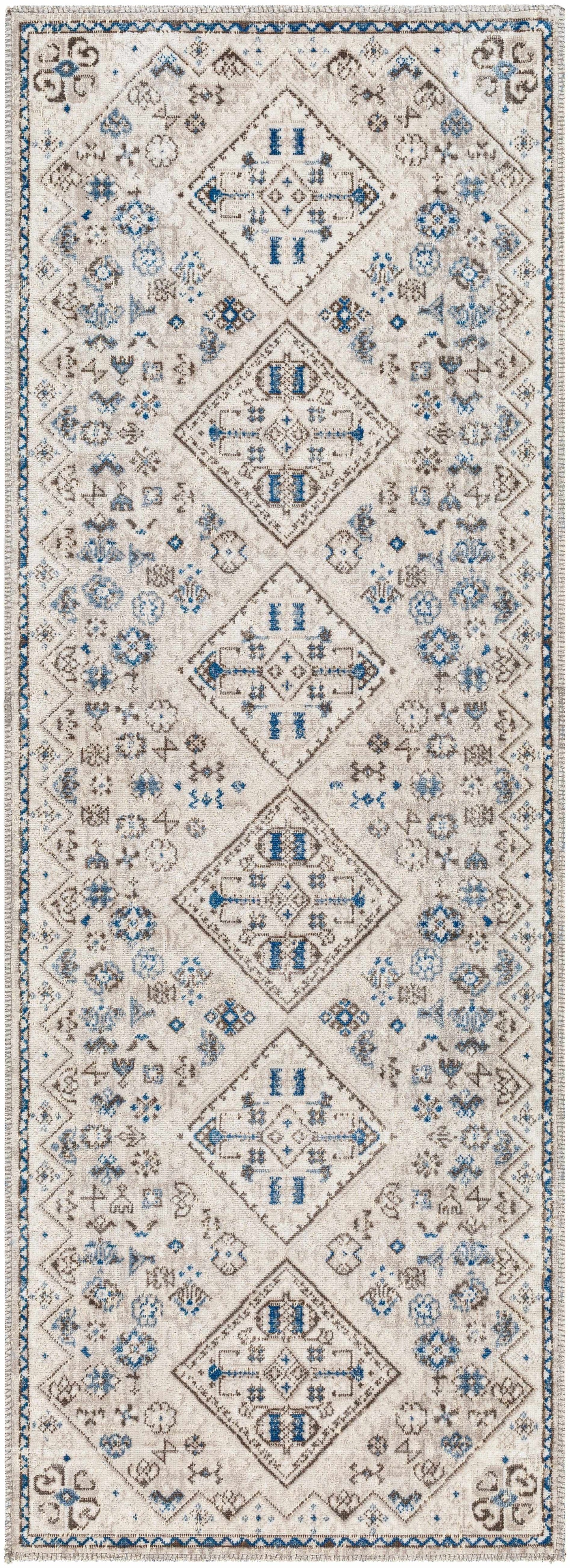 Meja Cream & Blue Washable Area Rug