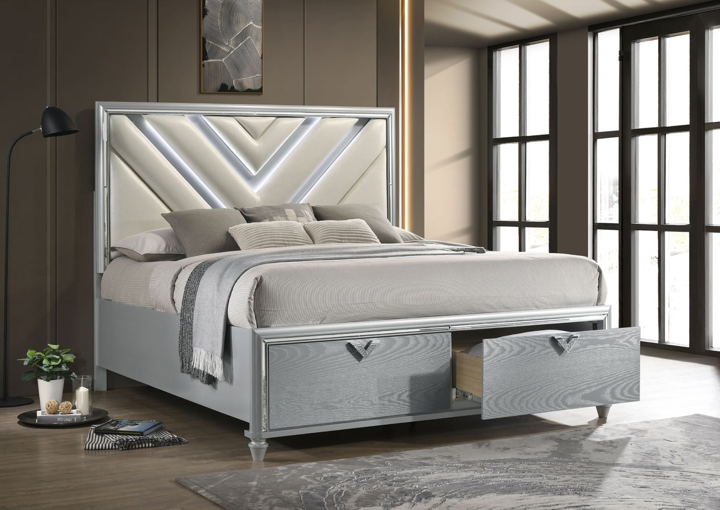 Veronica Eastern King Platform Storage Bed With Upholstered LED Headboard Light Silver