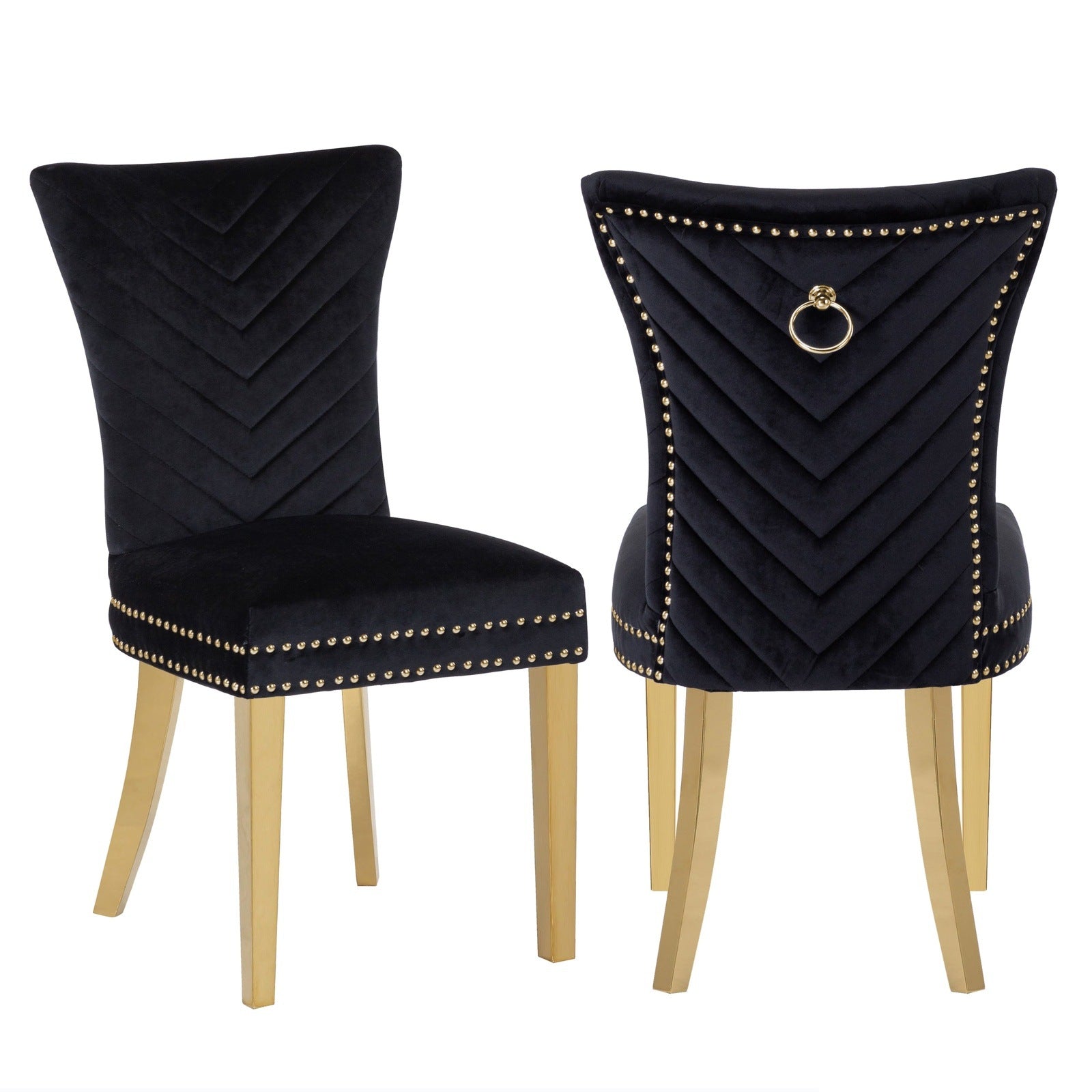 Eva Transitional Velvet Dining Chair with Gold Legs in Black Set of 2