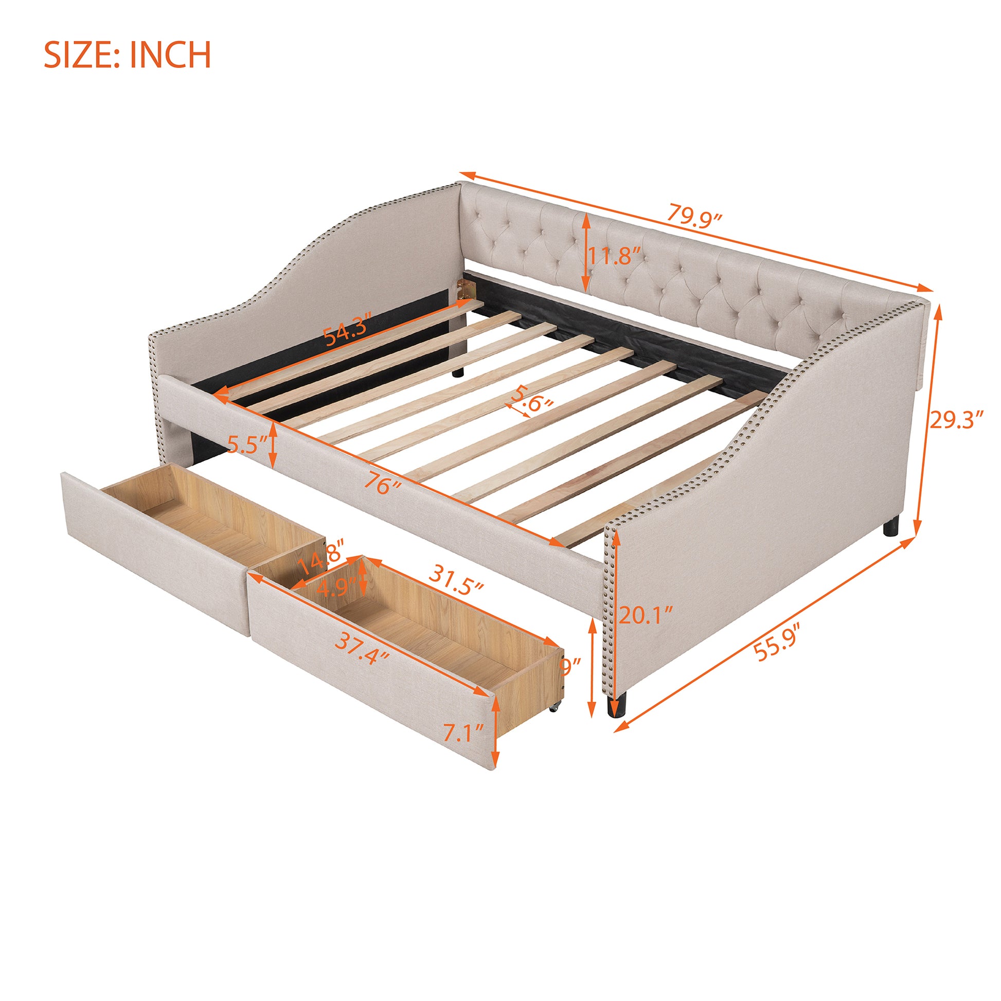 Upholstered daybed with Two Drawers, Wood Slat Support, Beige, Full Size