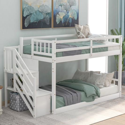 WM Store Twin over Twin Floor Bunk Bed, Ladder with Storage, White