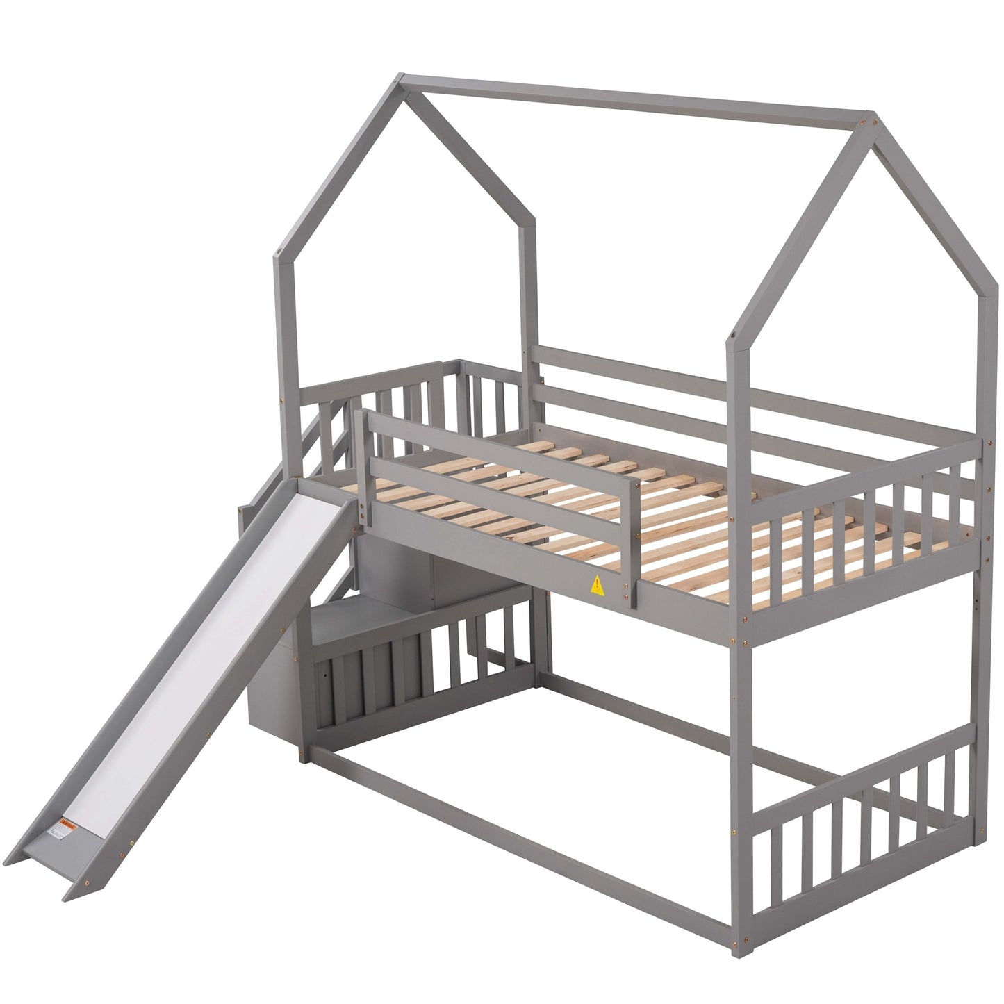 WM Store Twin over Twin House Bunk Bed with Convertible Slide,Storage Staircase can be Placed Left or Right,Gray