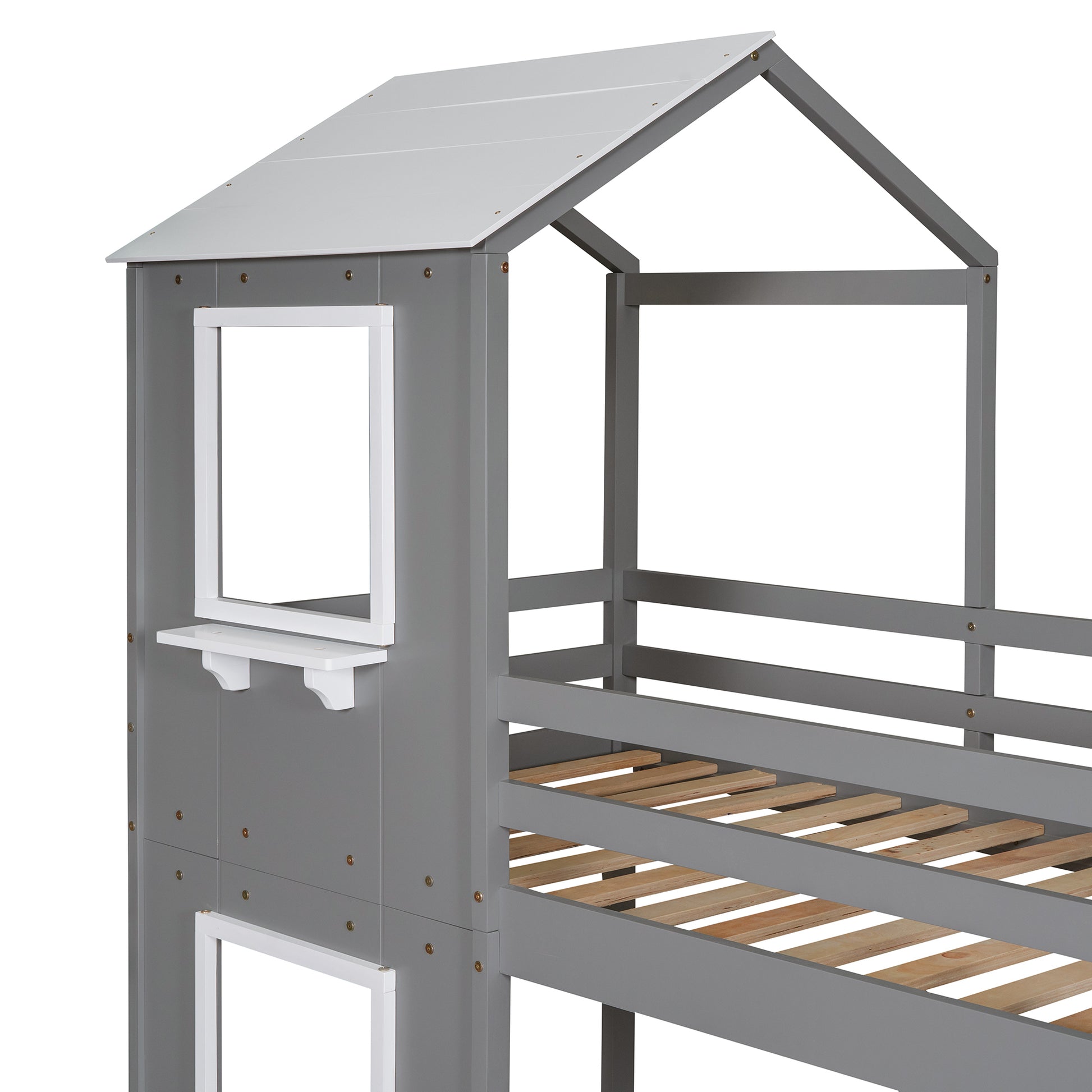 Homey Life Twin Over Twin Bunk Bed Wood Bed with Roof, Window, Guardrail, Ladder Gray & White